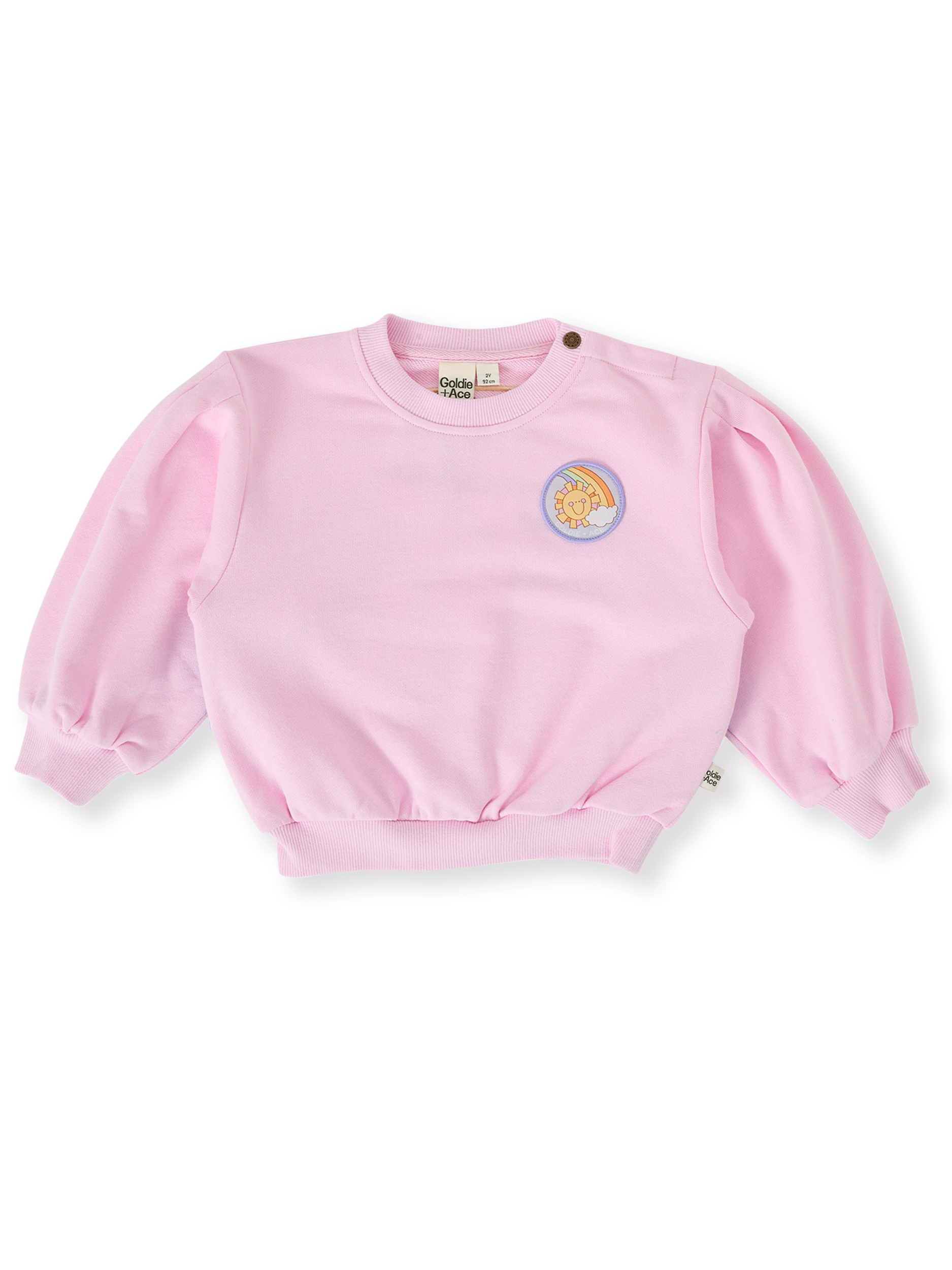 The Goldie + Ace Over The Rainbow Puff Sleeve Sweater in Candy pictured on a transparent background. The material is cotton. It is a top made for babies, toddlers and kids.
