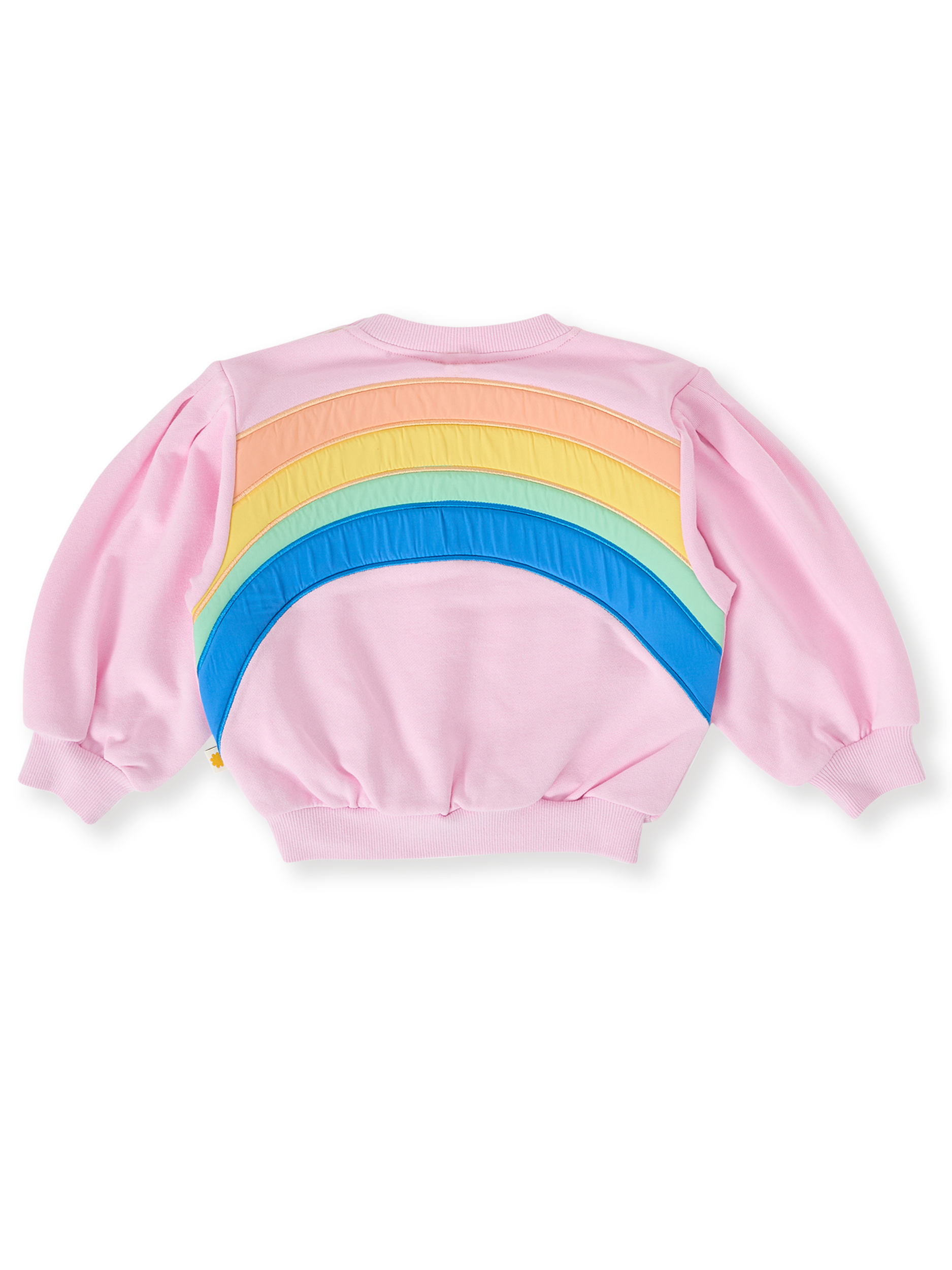 The Goldie + Ace Over The Rainbow Puff Sleeve Sweater in Candy pictured on a transparent background. The material is cotton. It is a top made for babies, toddlers and kids.