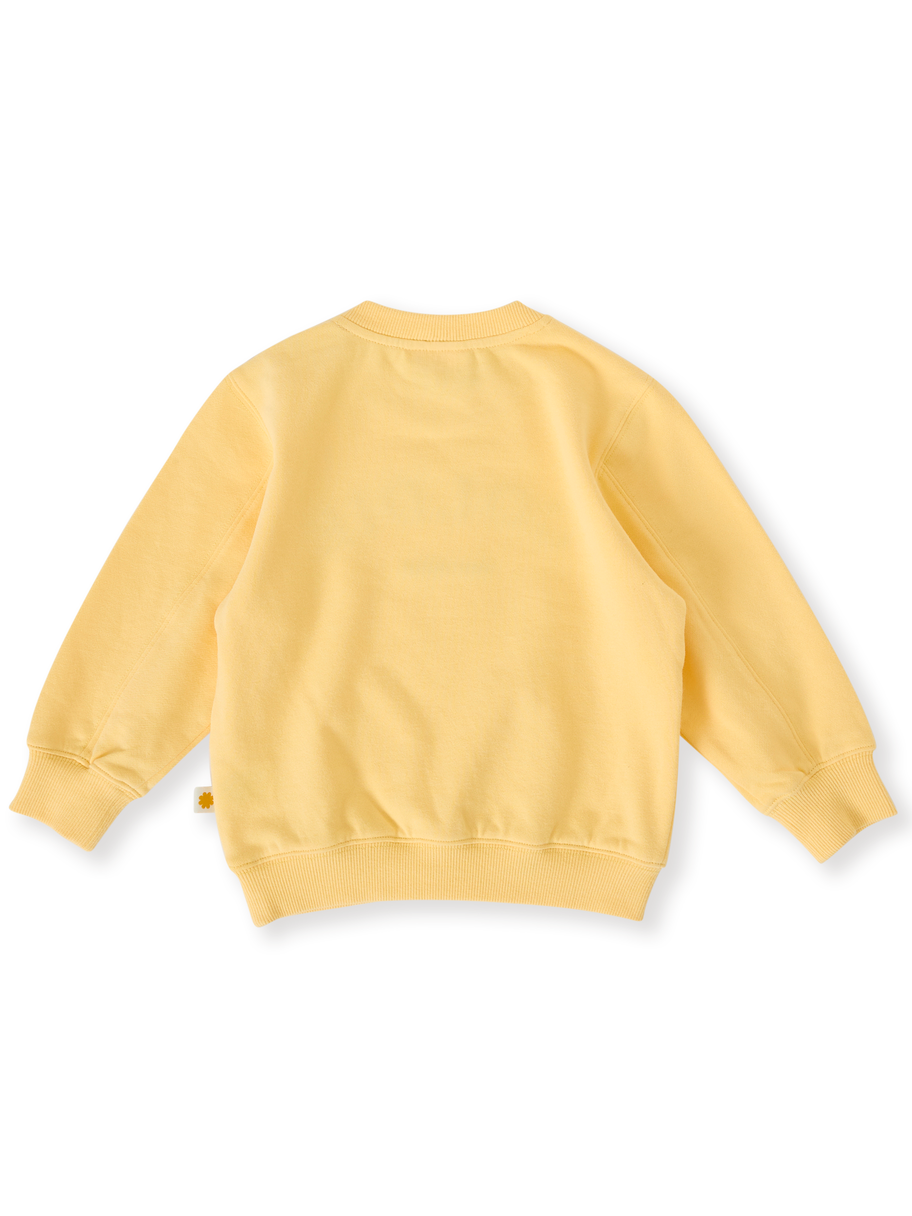The Goldie + Ace Goldie Crew Embroidered Sweater in Lemon pictured on a transparent background. The material is 100% cotton. It is a top made for babies, toddlers and kids.