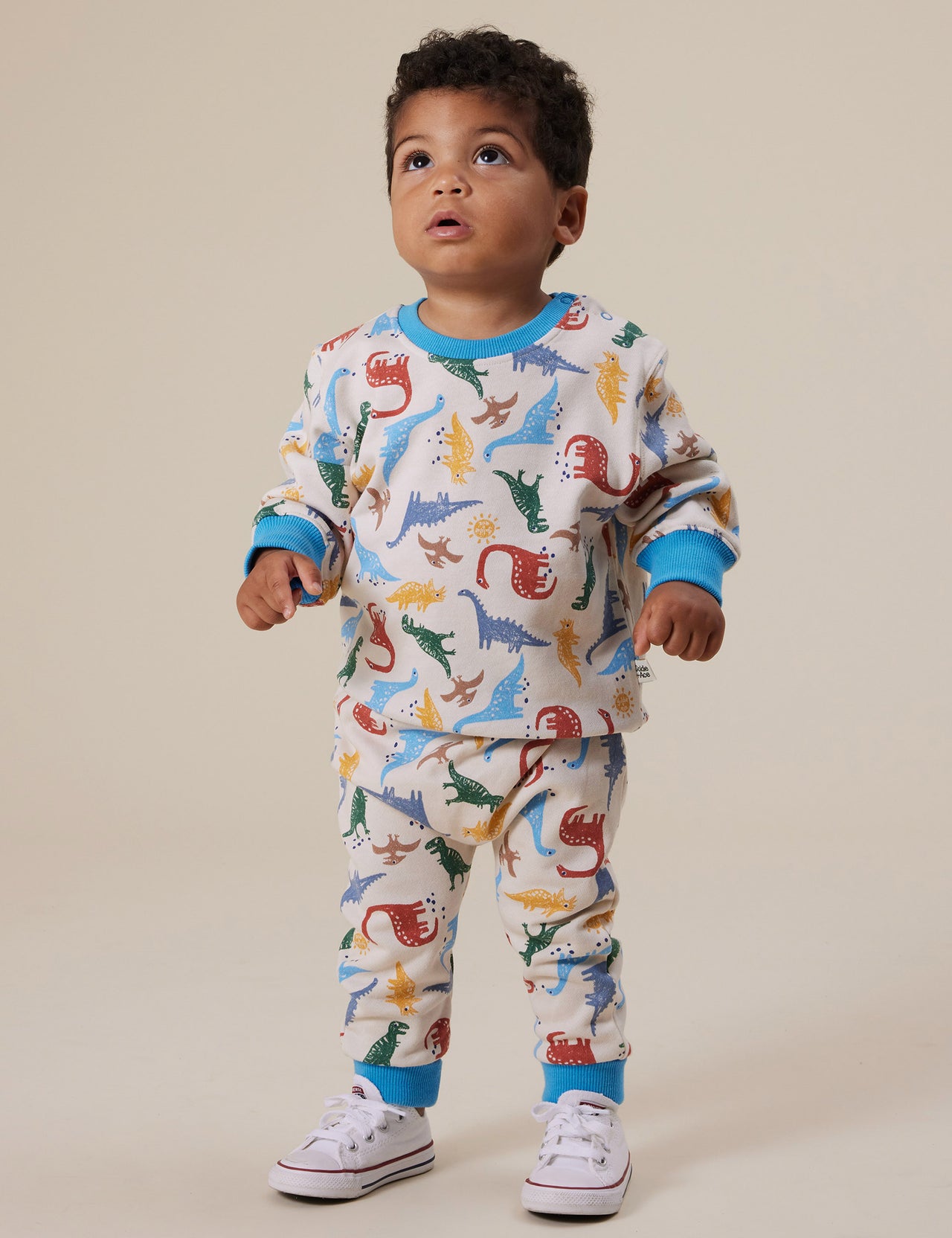 The Goldie + Ace Dino-Mite Relaxed Terry Sweater in Multi pictured on a grey background. The material is cotton terry. It is a top made for babies, toddlers and kids.