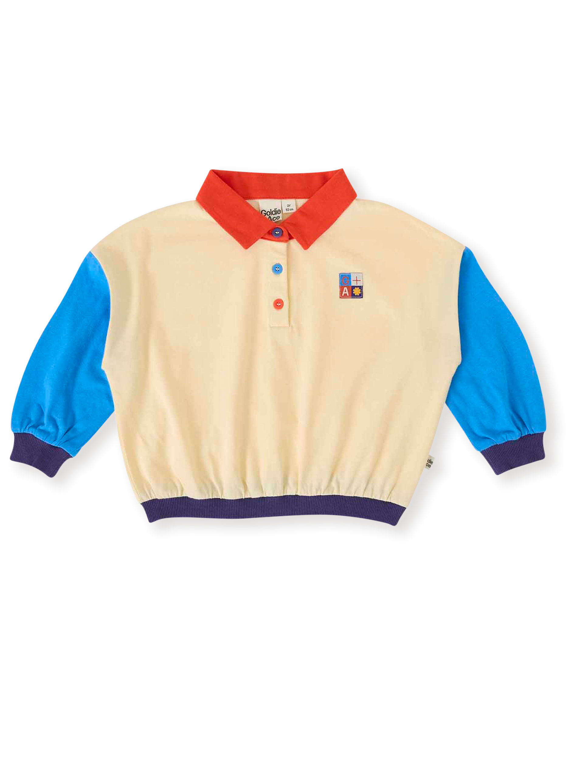 The Goldie + Ace Relaxed Rugby Sweat Top in Vanilla/Lake pictured on a transparent background. The material is 100% cotton. It is a top made for babies, toddlers and kids.