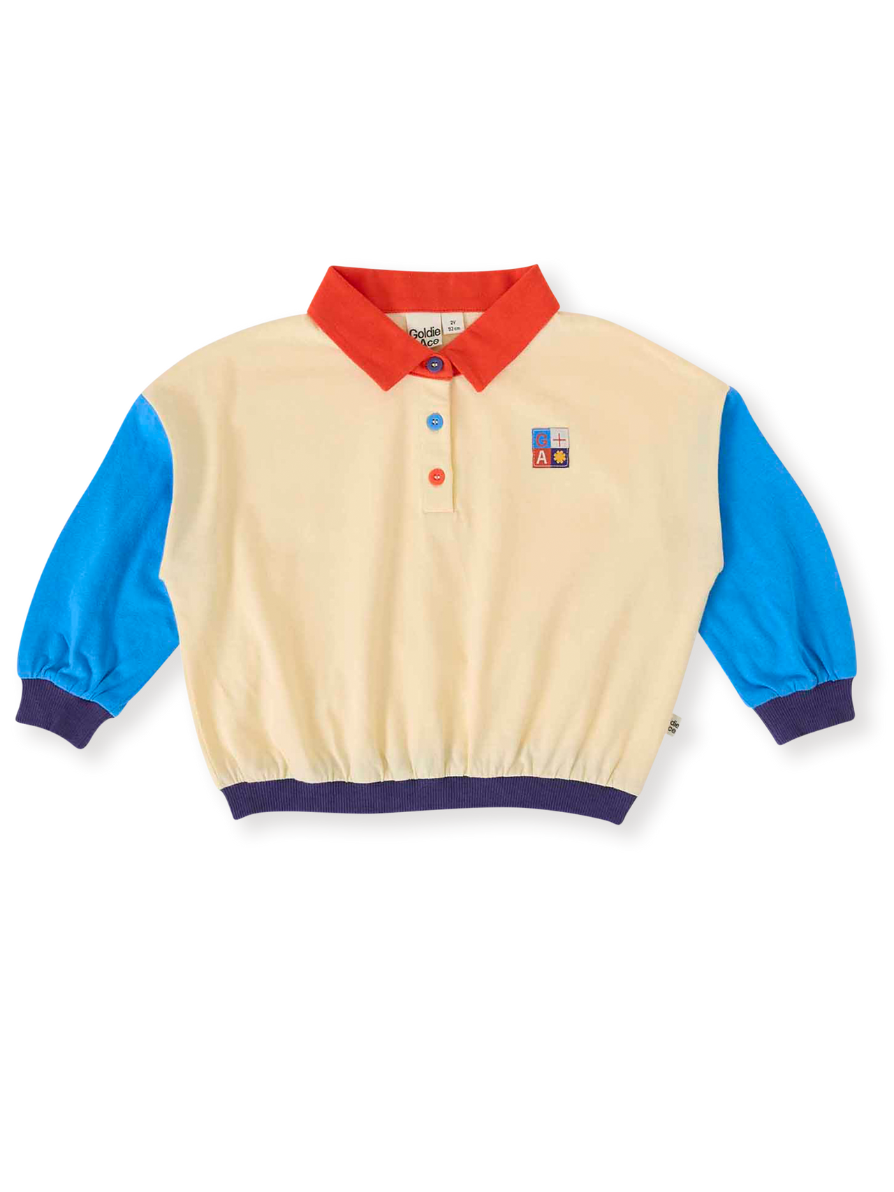 The Goldie + Ace Relaxed Rugby Sweat Top in Vanilla/Lake pictured on a transparent background. The material is 100% cotton. It is a top made for babies, toddlers and kids.