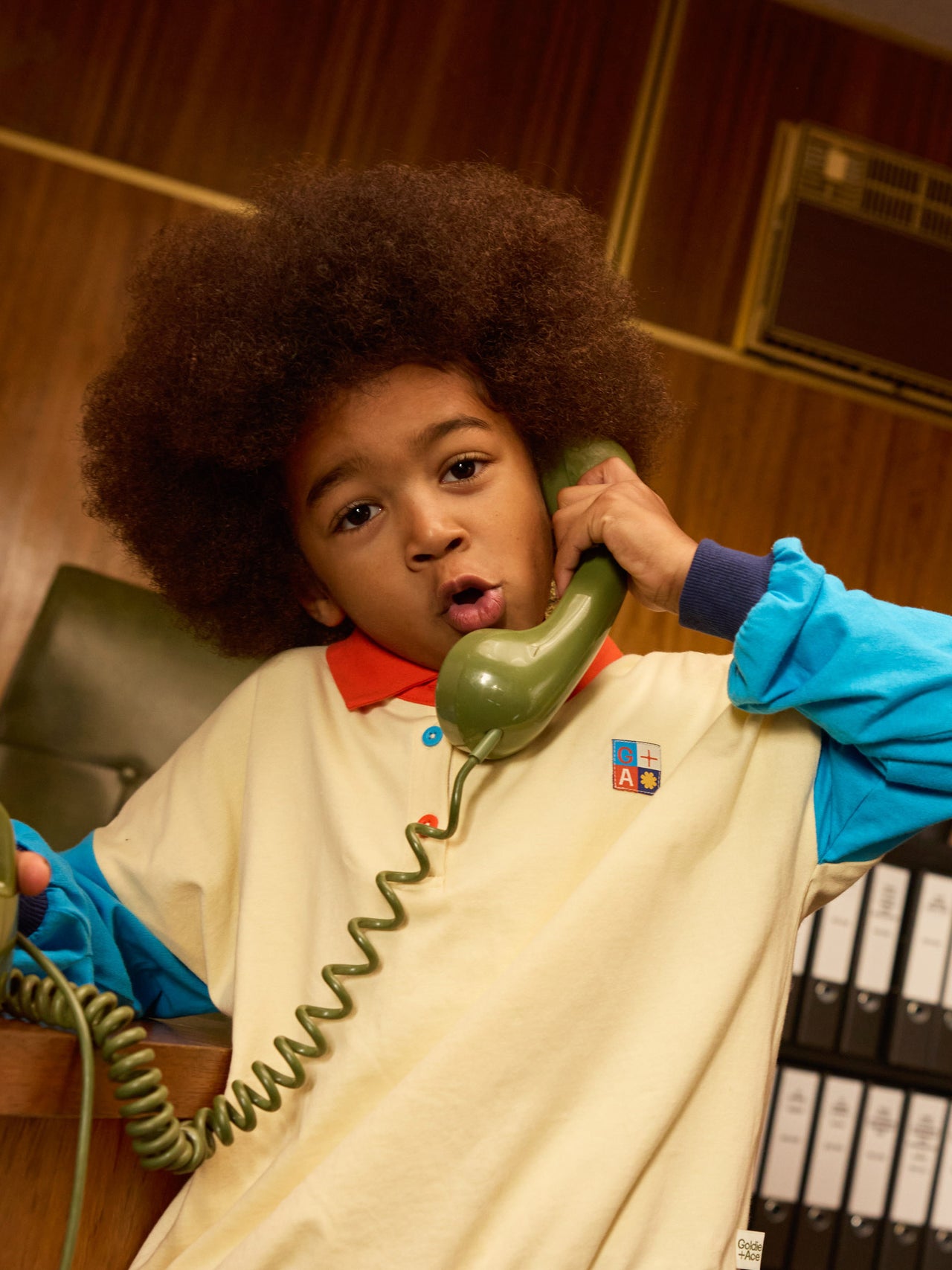 The Goldie + Ace Relaxed Rugby Sweat Top in Vanilla/Lake pictured on a transparent background. The material is 100% cotton. It is a top made for babies, toddlers and kids.