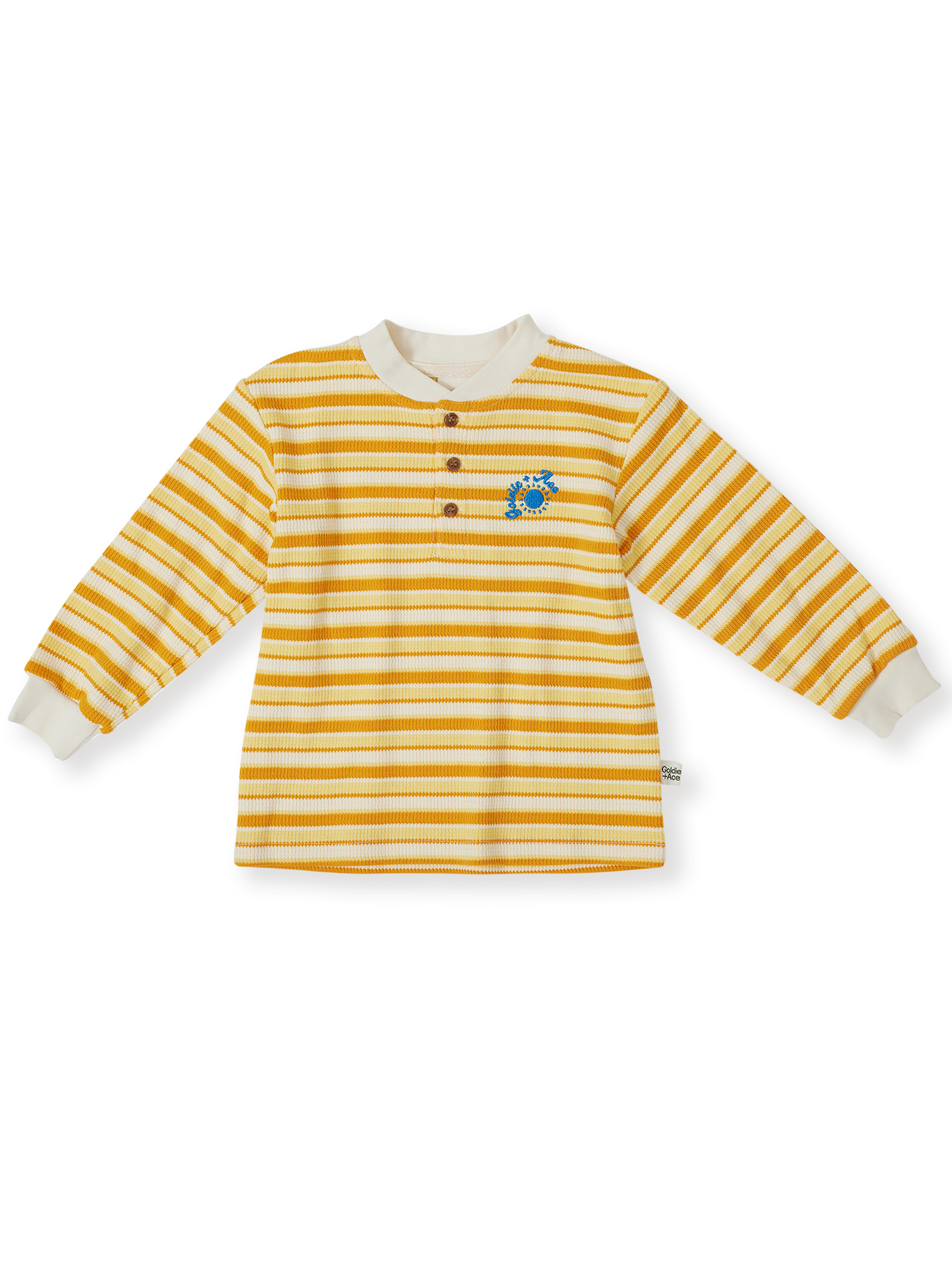 The Goldie + Ace Sunshine Stripe Long Sleeve Top in Lemon/Golden pictured on a transparent background. The material is 100% cotton. It is a top made for babies, toddlers and kids.