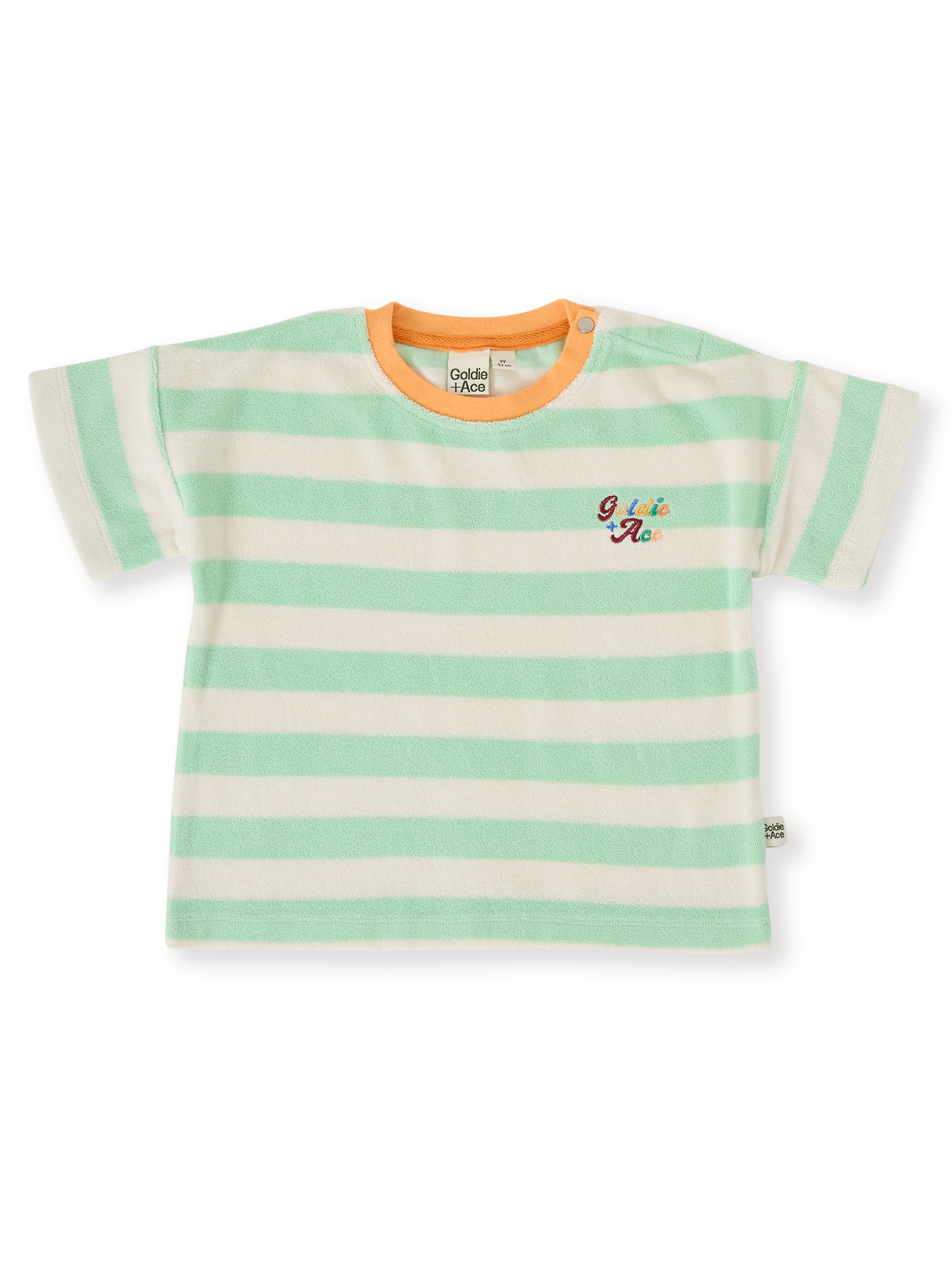 The Goldie + Ace Peas In A Pod Stripe T-Shirt in Peapod/Cloud pictured on a transparent background. The material is 100% cotton. It is a top made for babies, toddlers and kids.