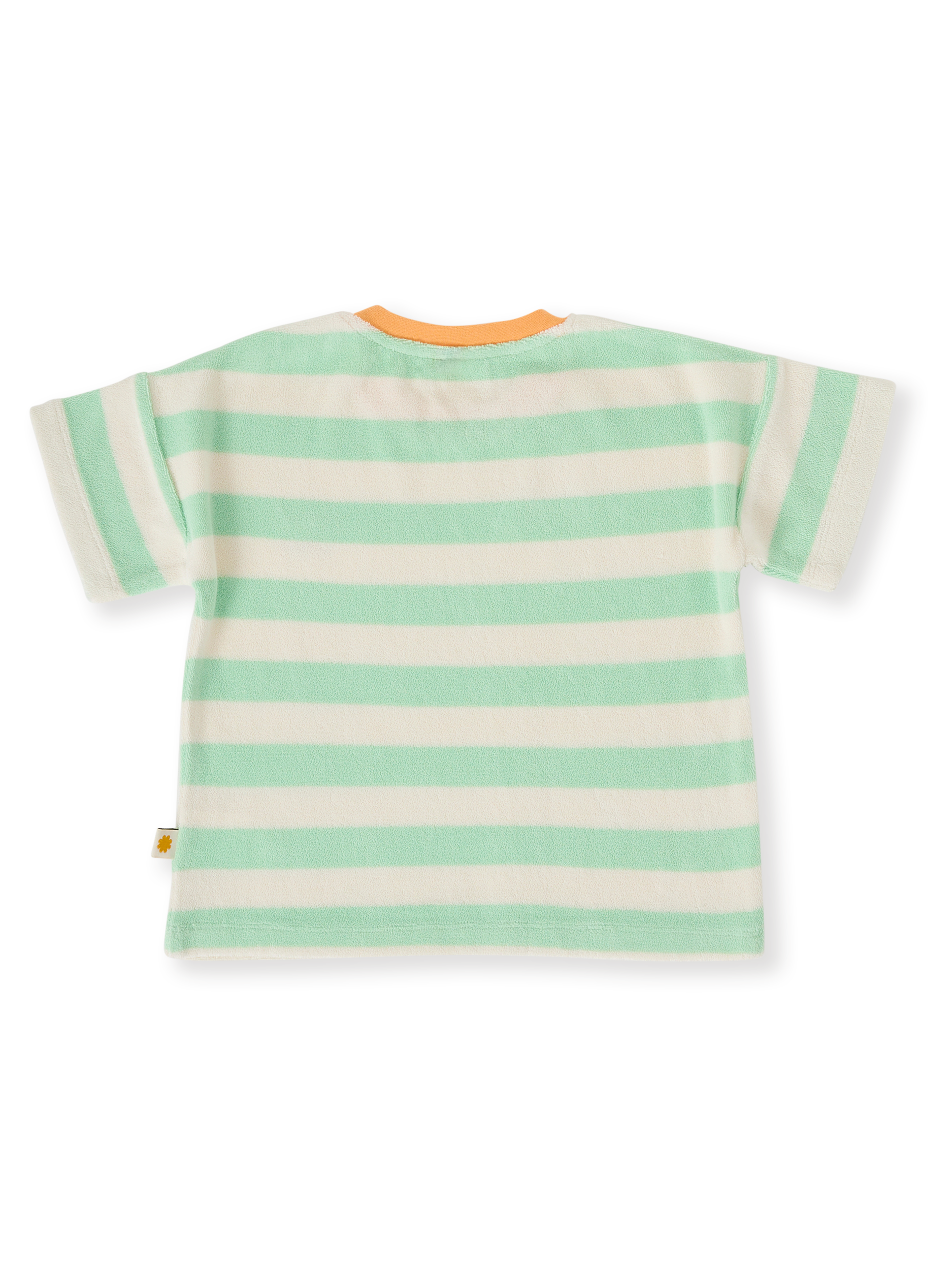 The Goldie + Ace Peas In A Pod Stripe T-Shirt in Peapod/Cloud pictured on a transparent background. The material is 100% cotton. It is a top made for babies, toddlers and kids.
