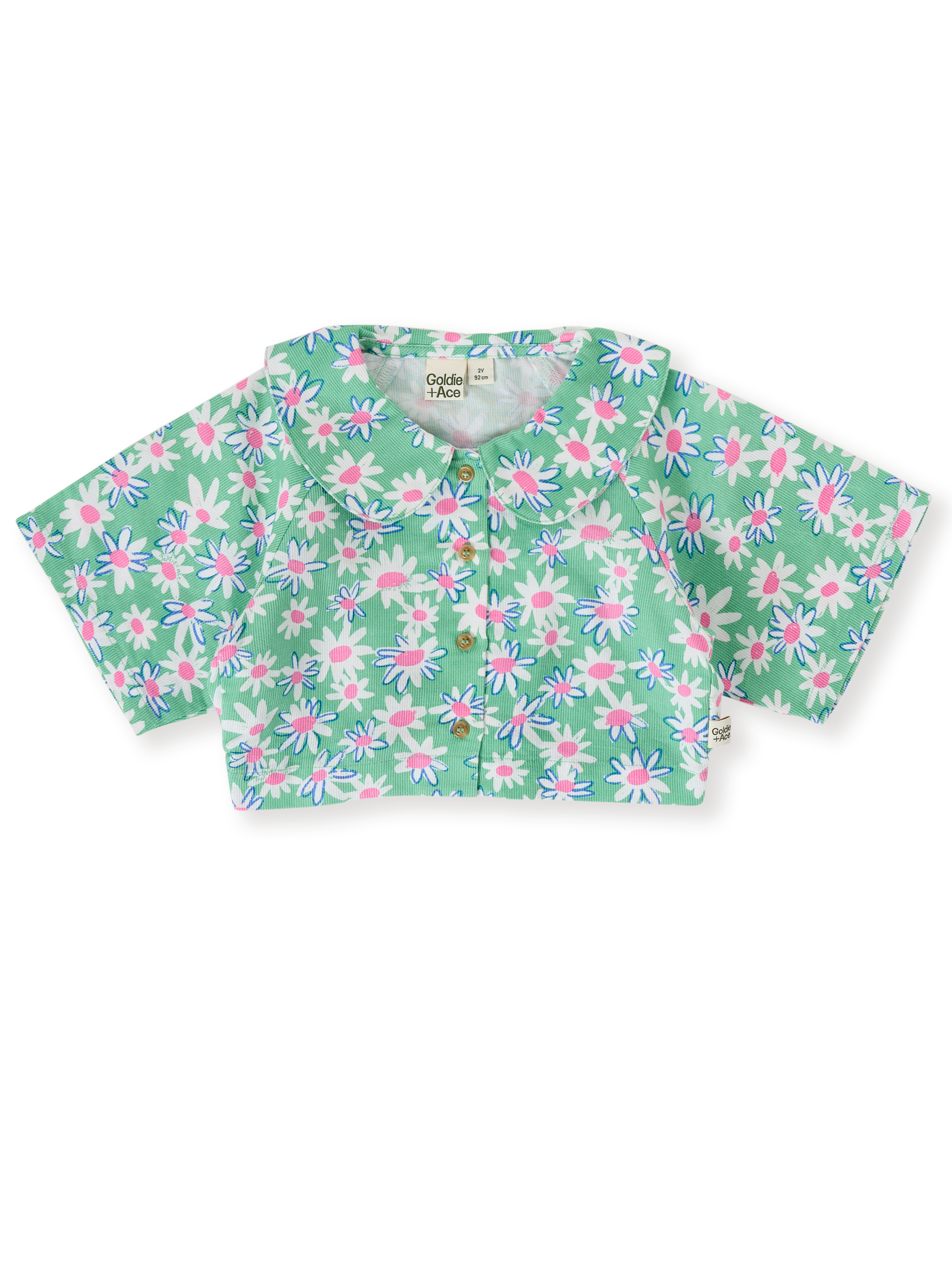 The Goldie + Ace Daisy Patch Abigail Blouse in Moss pictured on a transparent background. The material is breathable cotton-linen blend. It is a top made for babies, toddlers and kids.