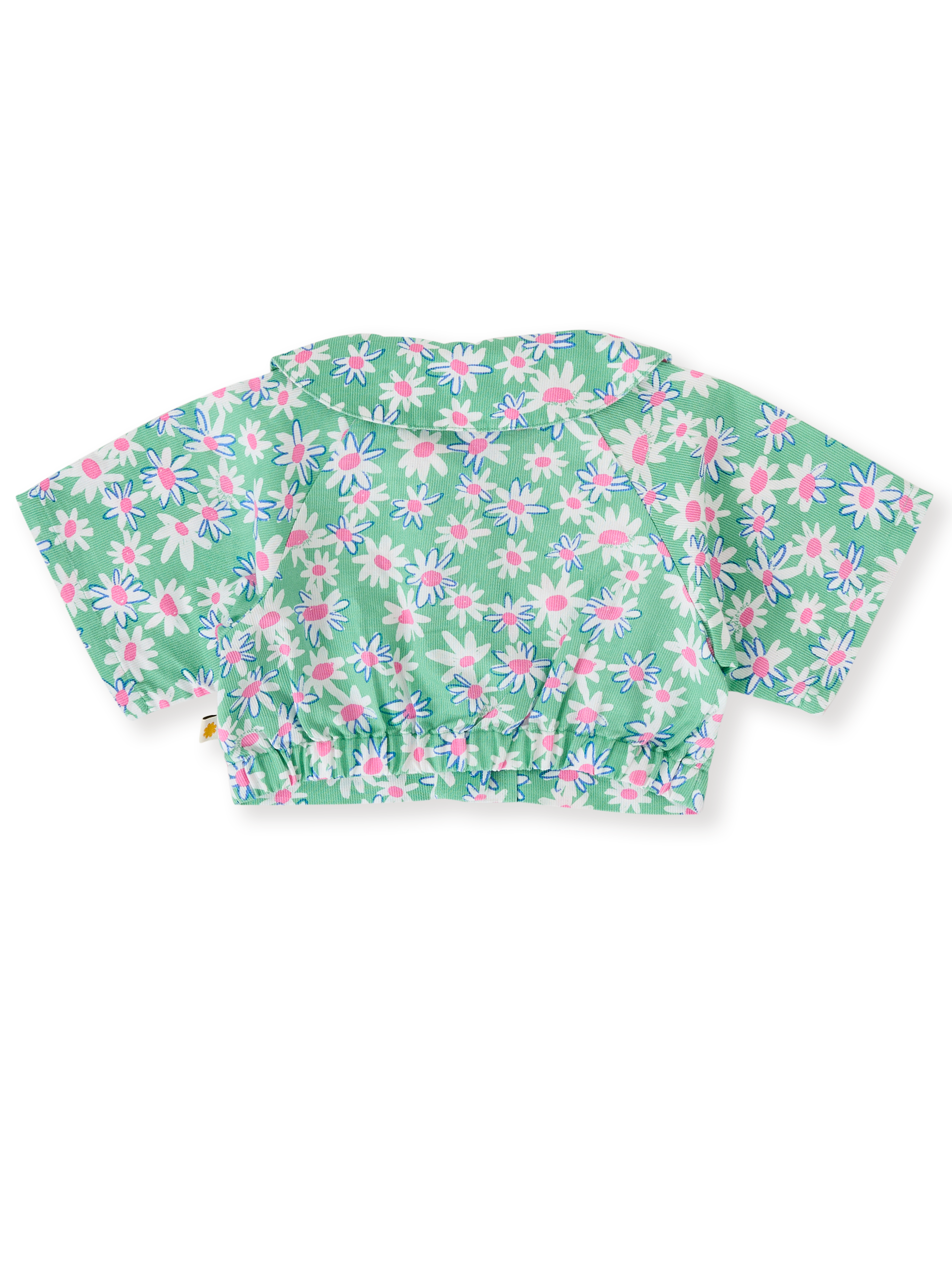 The Goldie + Ace Daisy Patch Abigail Blouse in Moss pictured on a transparent background. The material is breathable cotton-linen blend. It is a top made for babies, toddlers and kids.