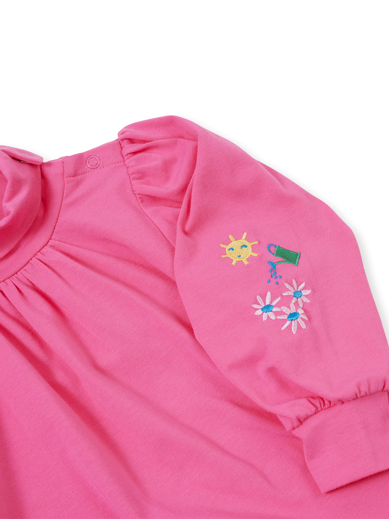 The Goldie + Ace Sofia Embroidered Puff Sleeve Skivvy in French Rose pictured on a transparent background. The material is cotton jersey. It is a top made for babies, toddlers and kids.