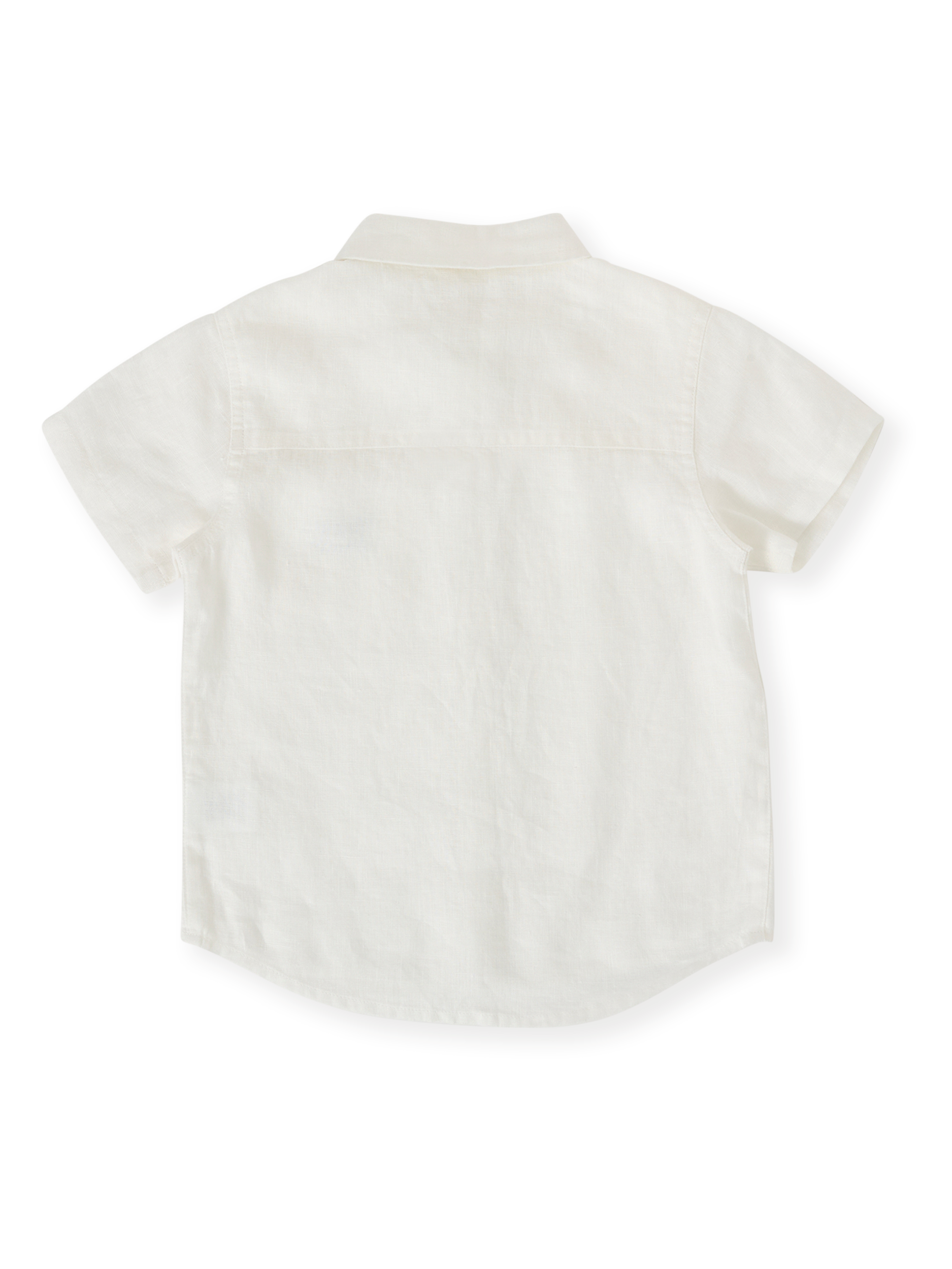 The Goldie + Ace Holiday Linen Blend Shirt in White pictured on a transparent background. The material is 100% cotton. It is a top made for babies, toddlers and kids.
