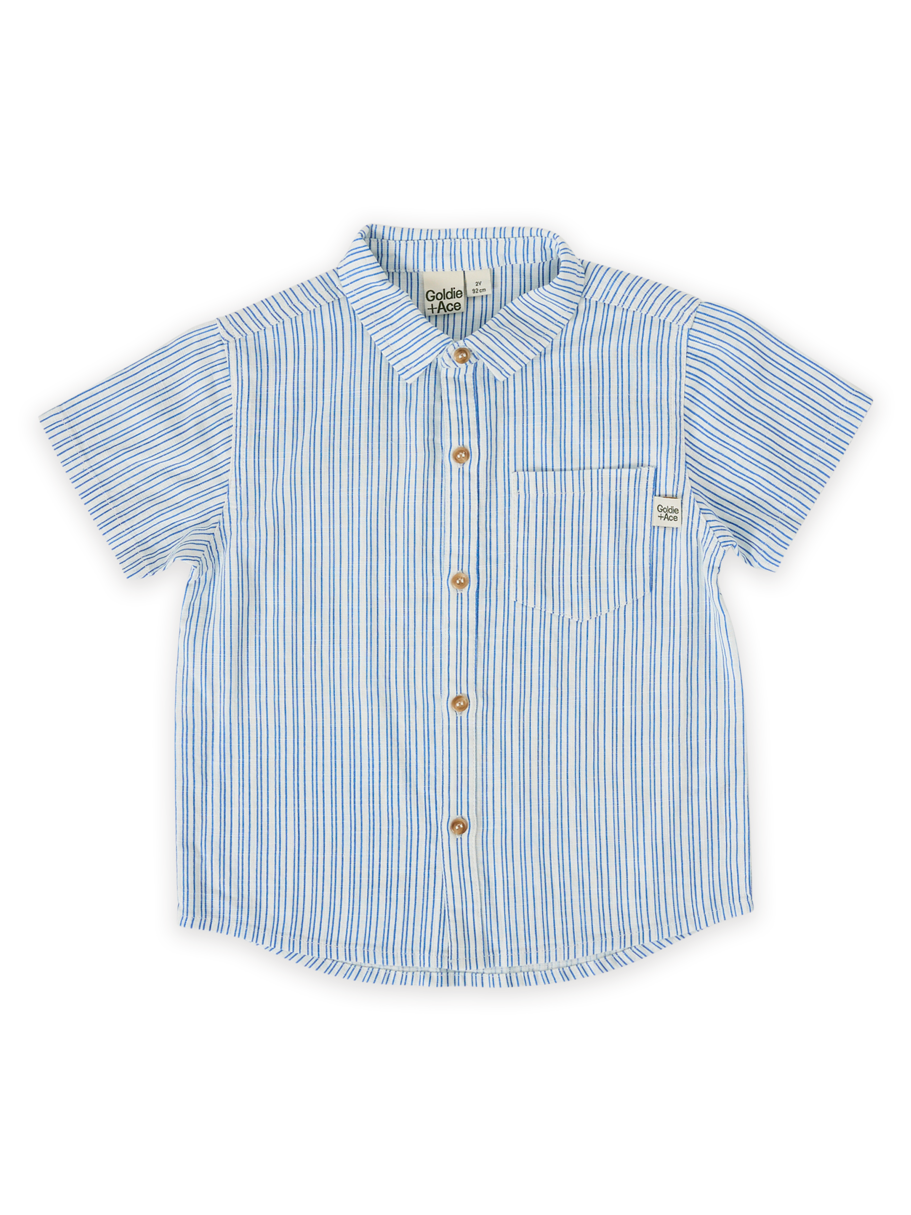 The Goldie + Ace Sailor Stripe Holiday Shirt in Ocean/Ivory pictured on a transparent background. The material is soft and breathable rayon-linen blend. It is a top made for babies, toddlers and kids.