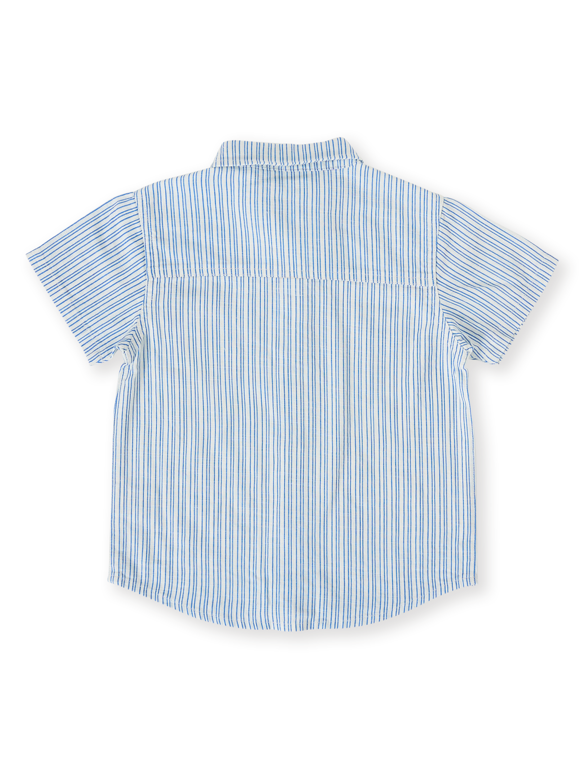 The Goldie + Ace Sailor Stripe Holiday Shirt in Ocean/Ivory pictured on a transparent background. The material is soft and breathable rayon-linen blend. It is a top made for babies, toddlers and kids.
