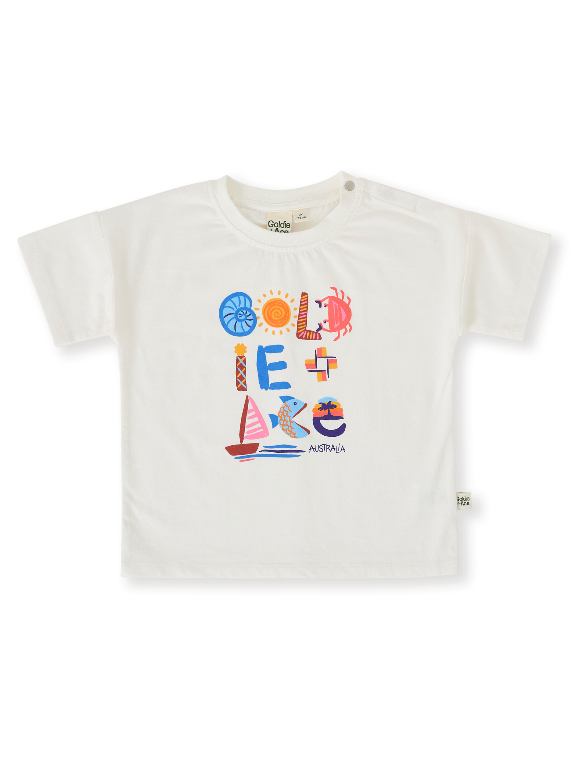 The Goldie + Ace G'Day From The Bay T-Shirt in White pictured on a transparent background. The material is 100% cotton. It is a top made for babies, toddlers and kids.
