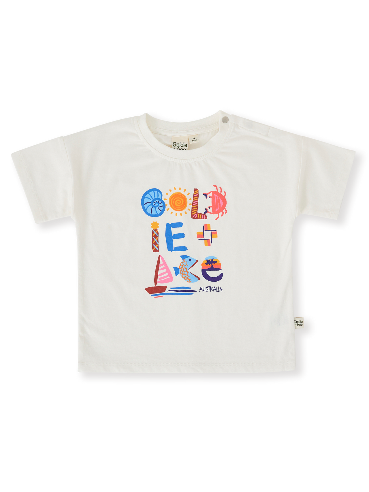 The Goldie + Ace G'Day From The Bay T-Shirt in White pictured on a transparent background. The material is 100% cotton. It is a top made for babies, toddlers and kids.