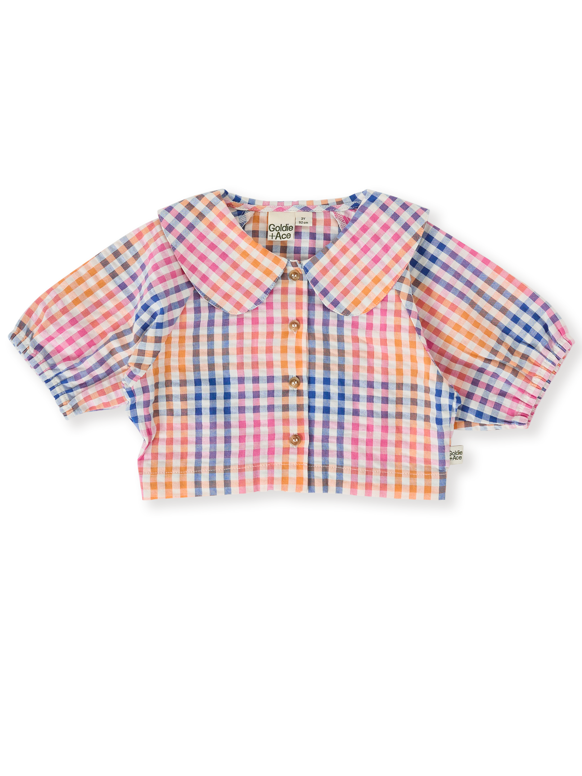 The Goldie + Ace Rainbow Gingham Beatrice Blouse in Multi pictured on a transparent background. The material is 100% cotton. It is a top made for babies, toddlers and kids.