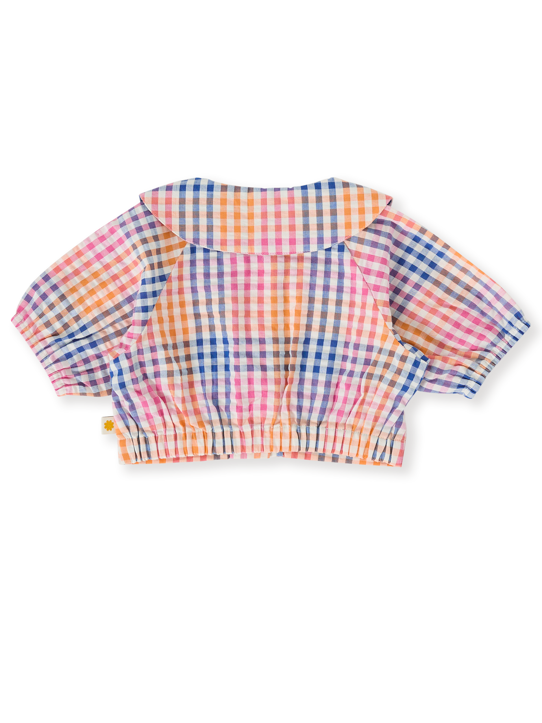 The Goldie + Ace Rainbow Gingham Beatrice Blouse in Multi pictured on a transparent background. The material is 100% cotton. It is a top made for babies, toddlers and kids.