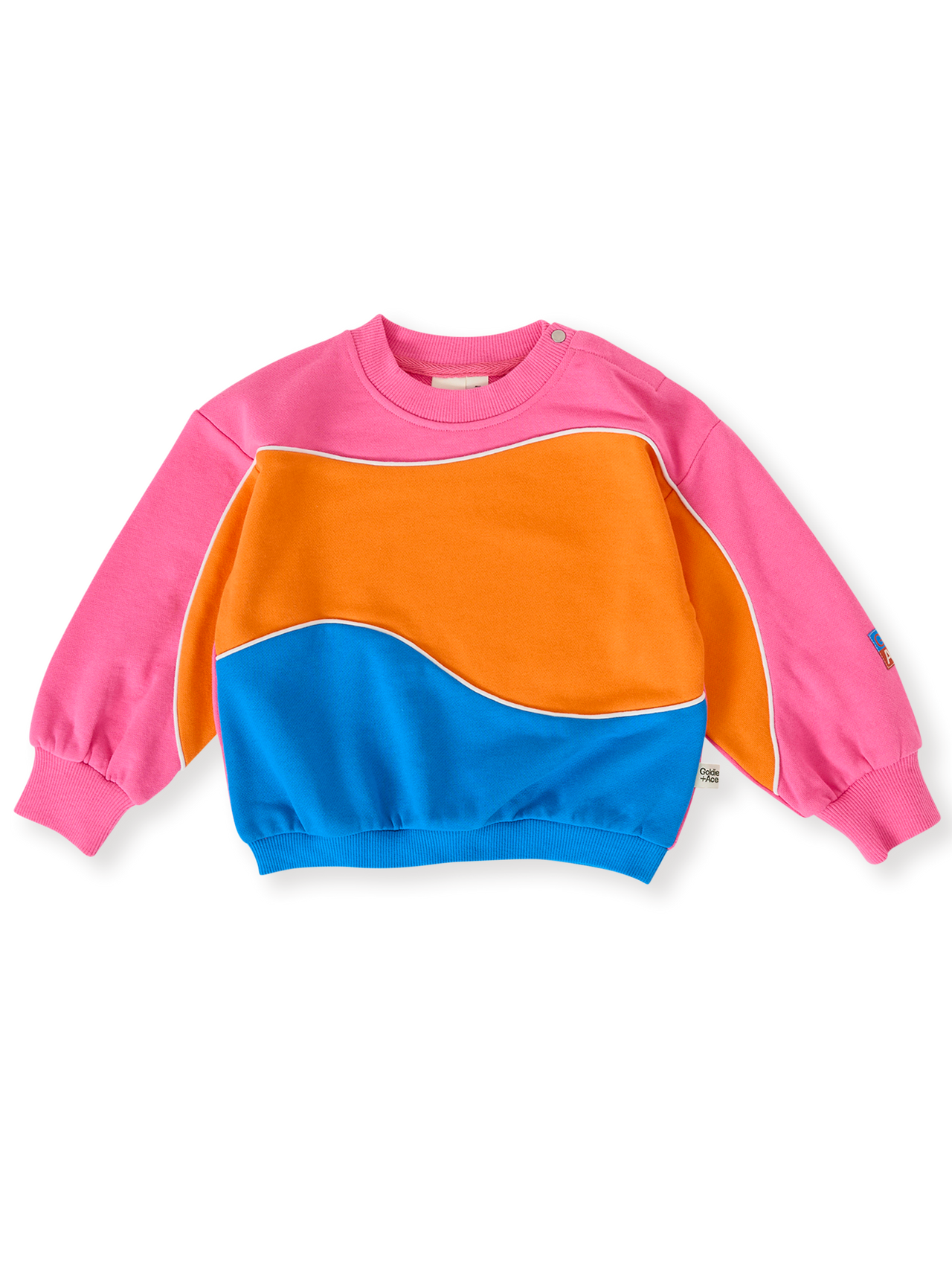 The Goldie + Ace Nash Piped Panel Sweatshirt in Sunrise pictured on a transparent background. The material is 100% cotton. It is a top made for babies, toddlers and kids.