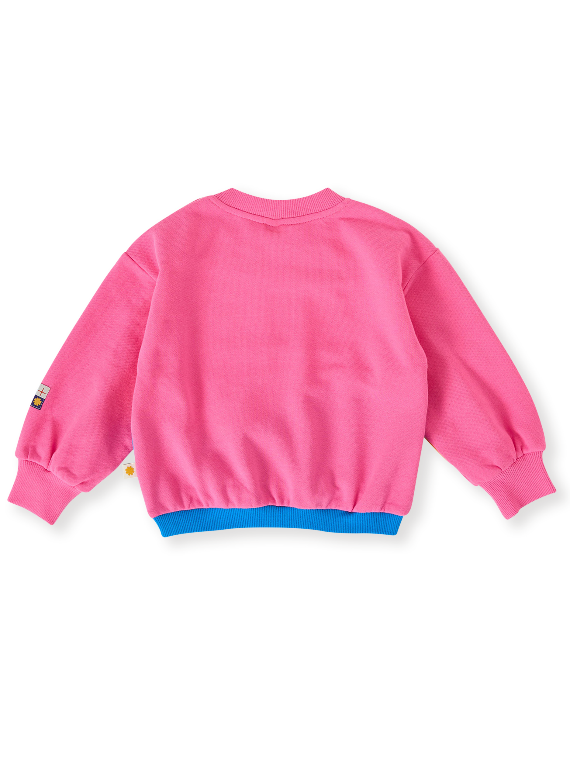The Goldie + Ace Nash Piped Panel Sweatshirt in Sunrise pictured on a transparent background. The material is 100% cotton. It is a top made for babies, toddlers and kids.
