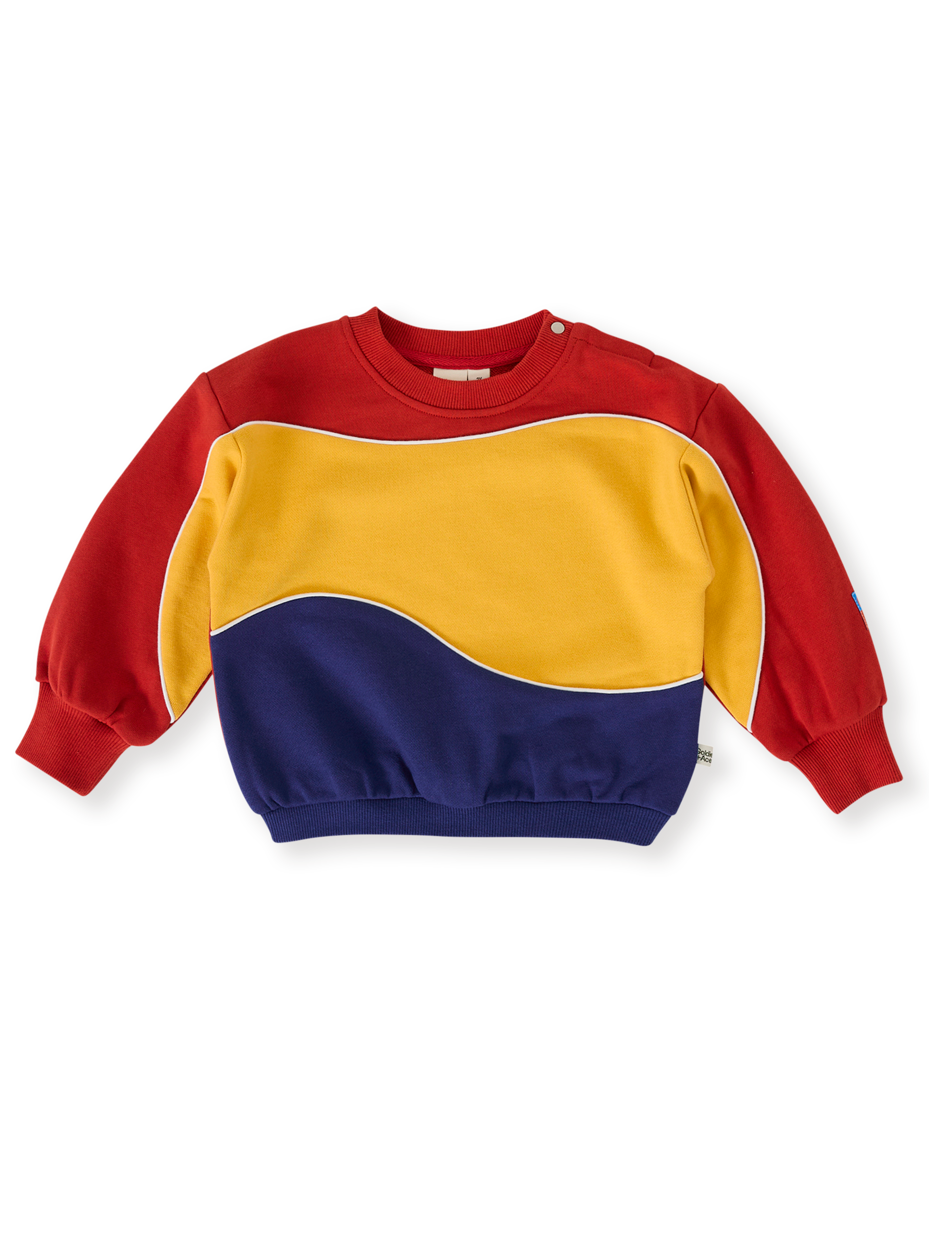 The Goldie + Ace Nash Piped Panel Sweatshirt in Outback pictured on a transparent background. The material is 100% cotton. It is a top made for babies, toddlers and kids.