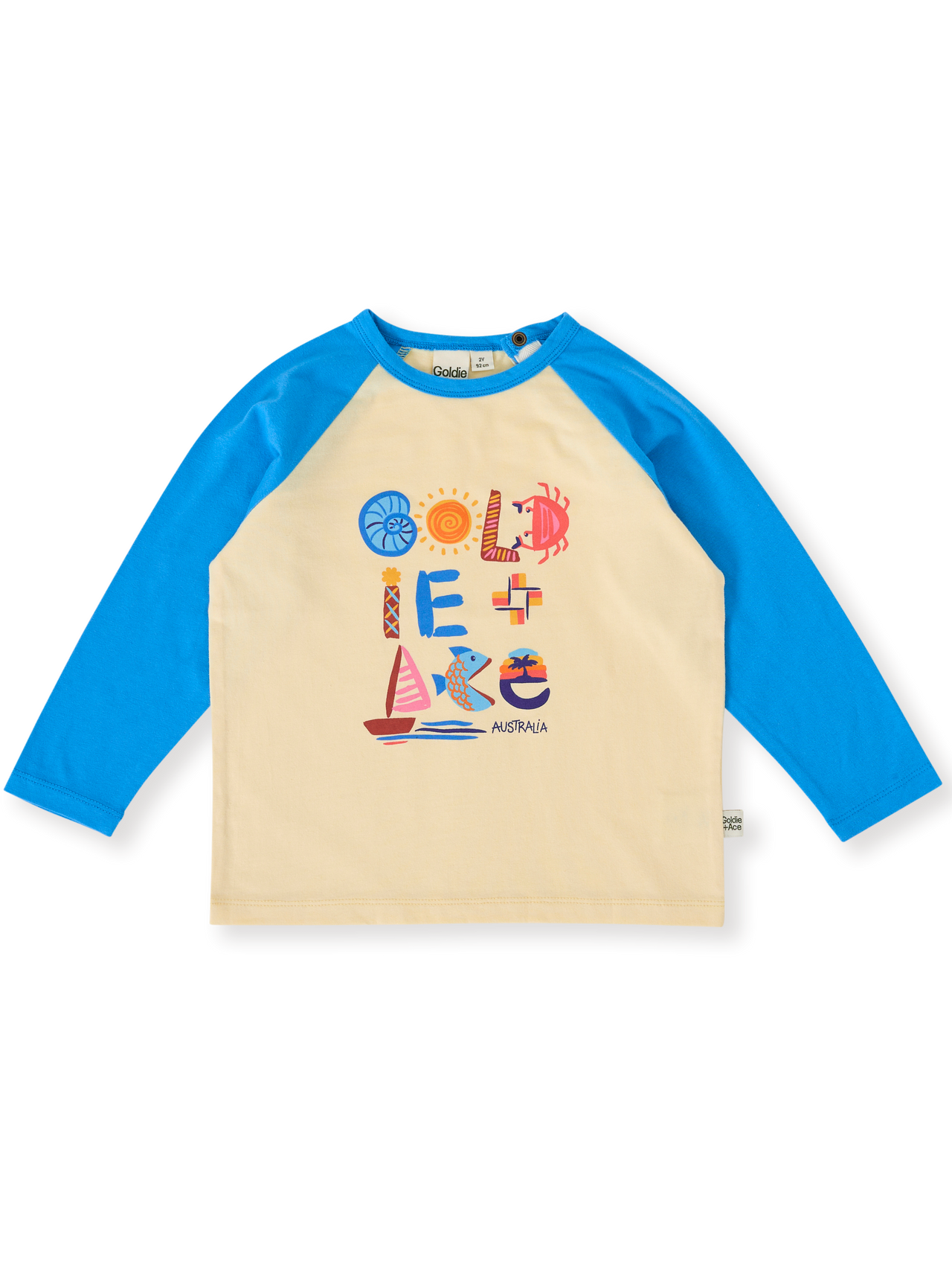 The Goldie + Ace G'Day From The Bay Long Sleeve Top in Vanilla/Blue pictured on a transparent background. The material is 100% cotton. It is a top made for babies, toddlers and kids.