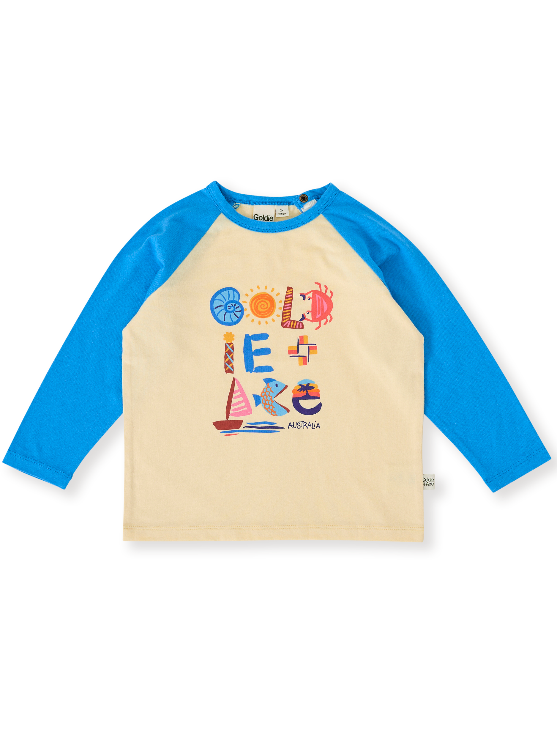 The Goldie + Ace G'Day From The Bay Long Sleeve Top in Vanilla/Blue pictured on a transparent background. The material is 100% cotton. It is a top made for babies, toddlers and kids.