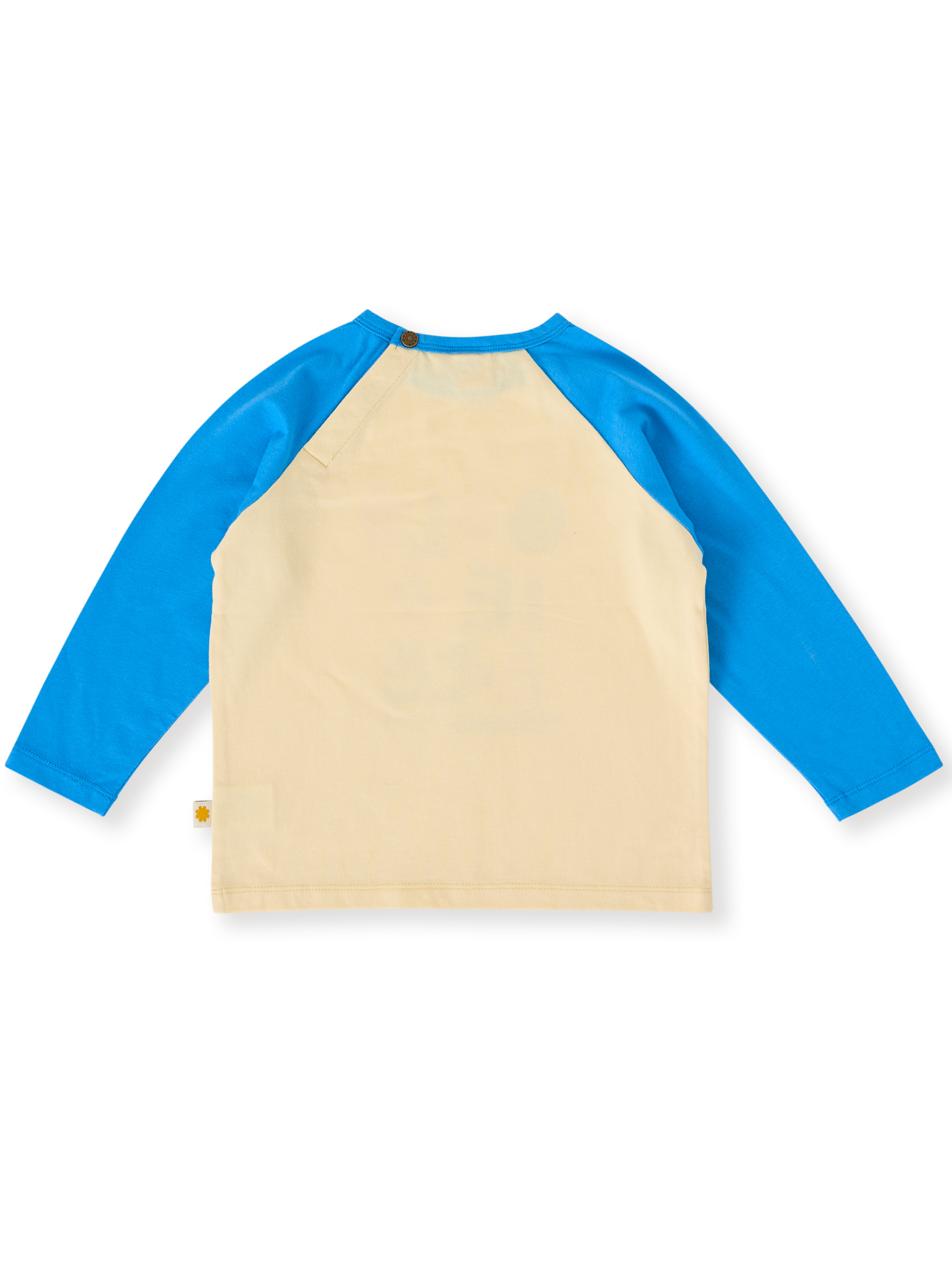 The Goldie + Ace G'Day From The Bay Long Sleeve Top in Vanilla/Blue pictured on a transparent background. The material is 100% cotton. It is a top made for babies, toddlers and kids.