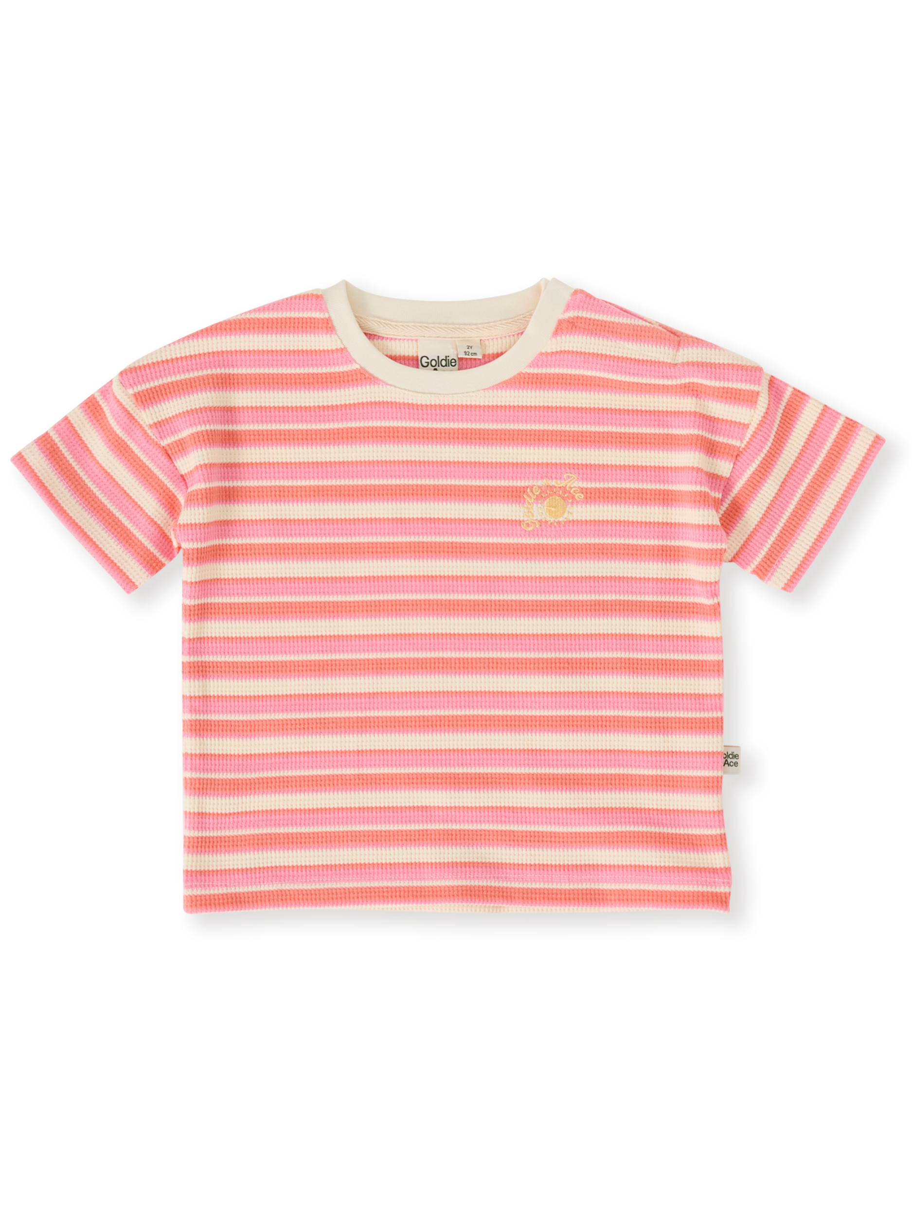 The Goldie + Ace Watermelon Stripe T-Shirt in Pink/Peach pictured on a transparent background. The material is 100% cotton. It is a top made for babies, toddlers and kids.