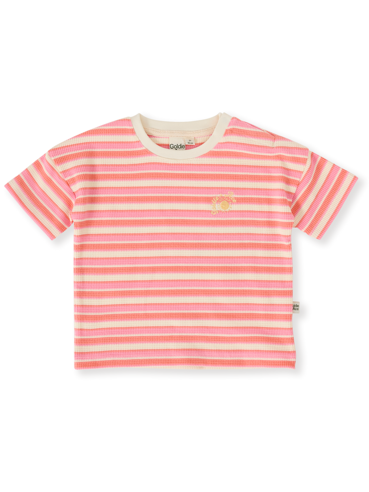 The Goldie + Ace Watermelon Stripe T-Shirt in Pink/Peach pictured on a transparent background. The material is 100% cotton. It is a top made for babies, toddlers and kids.