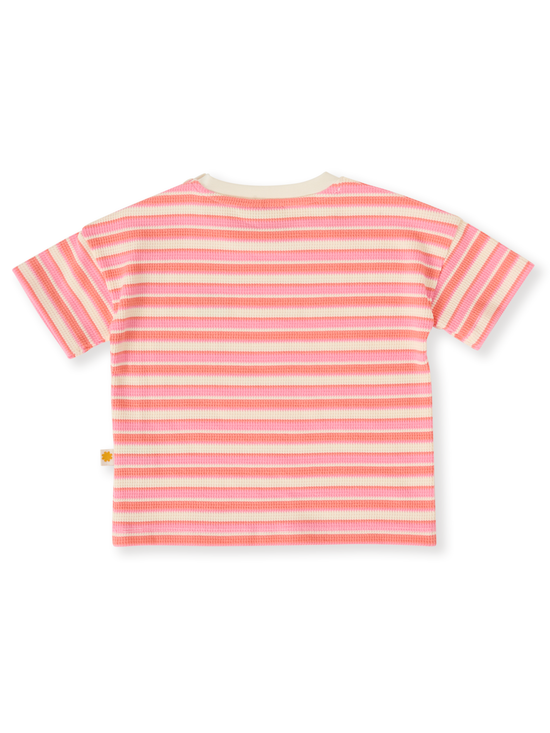 The Goldie + Ace Watermelon Stripe T-Shirt in Pink/Peach pictured on a transparent background. The material is 100% cotton. It is a top made for babies, toddlers and kids.