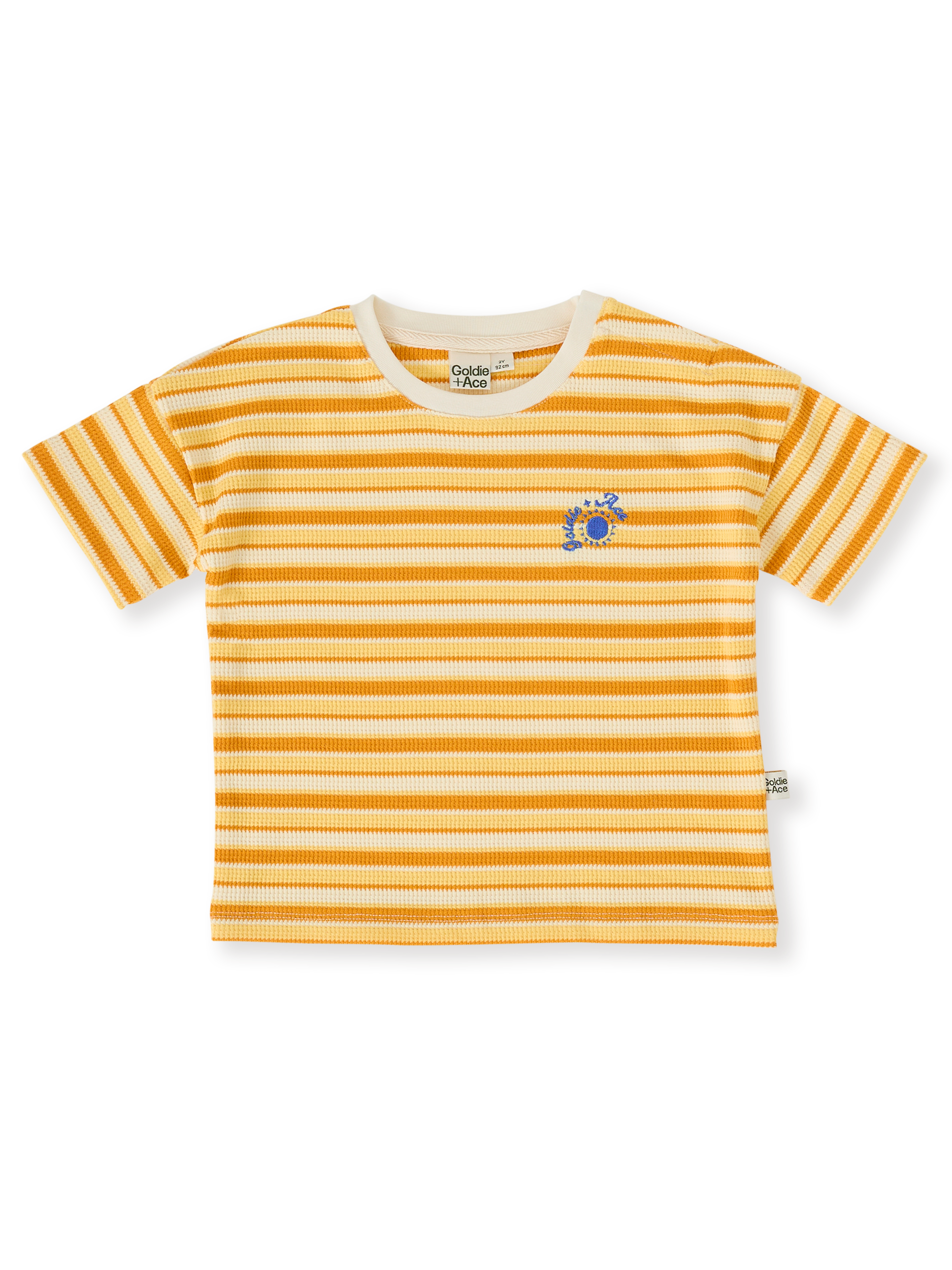 The Goldie + Ace Sunshine Stripe T-Shirt in Lemon/Golden pictured on a transparent background. The material is 100% cotton. It is a top made for babies, toddlers and kids.