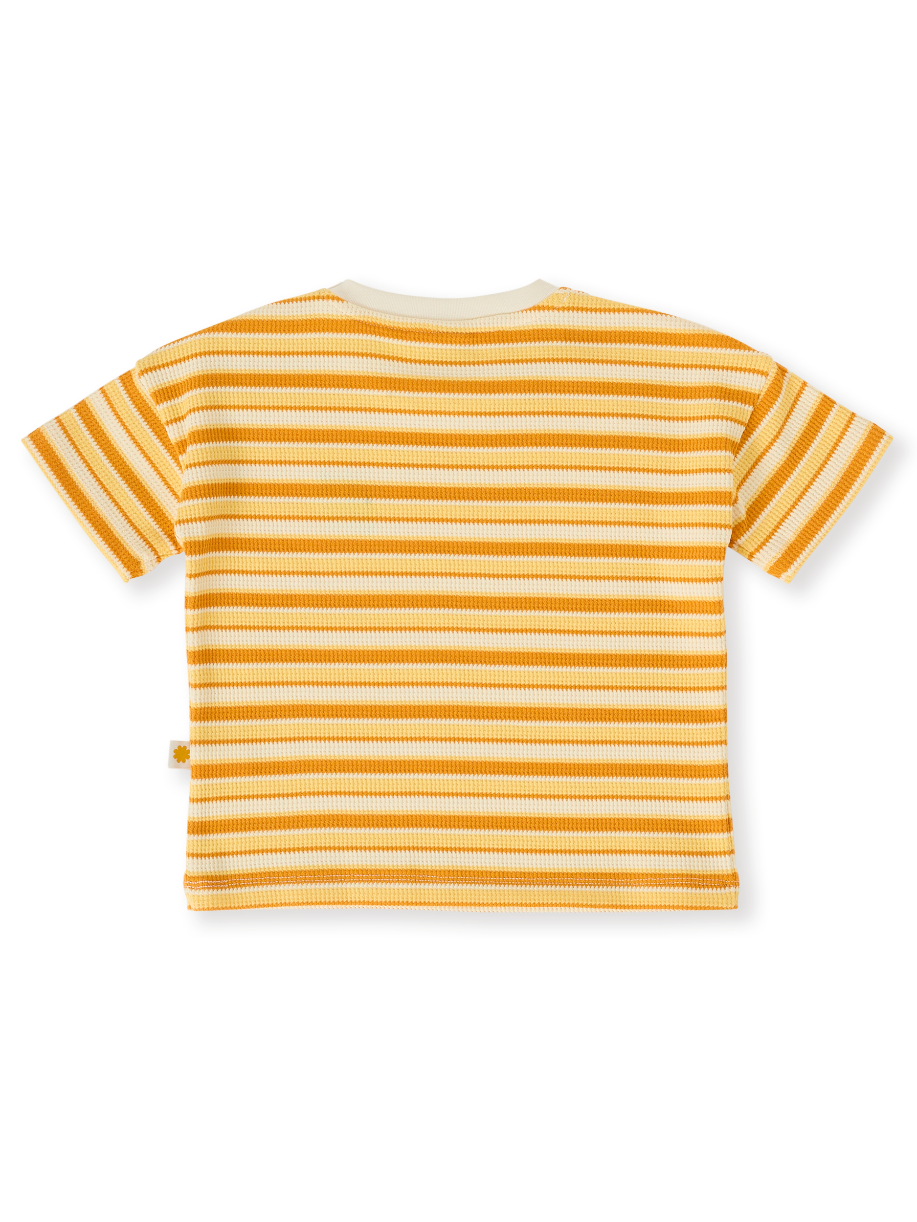 The Goldie + Ace Sunshine Stripe T-Shirt in Lemon/Golden pictured on a transparent background. The material is 100% cotton. It is a top made for babies, toddlers and kids.