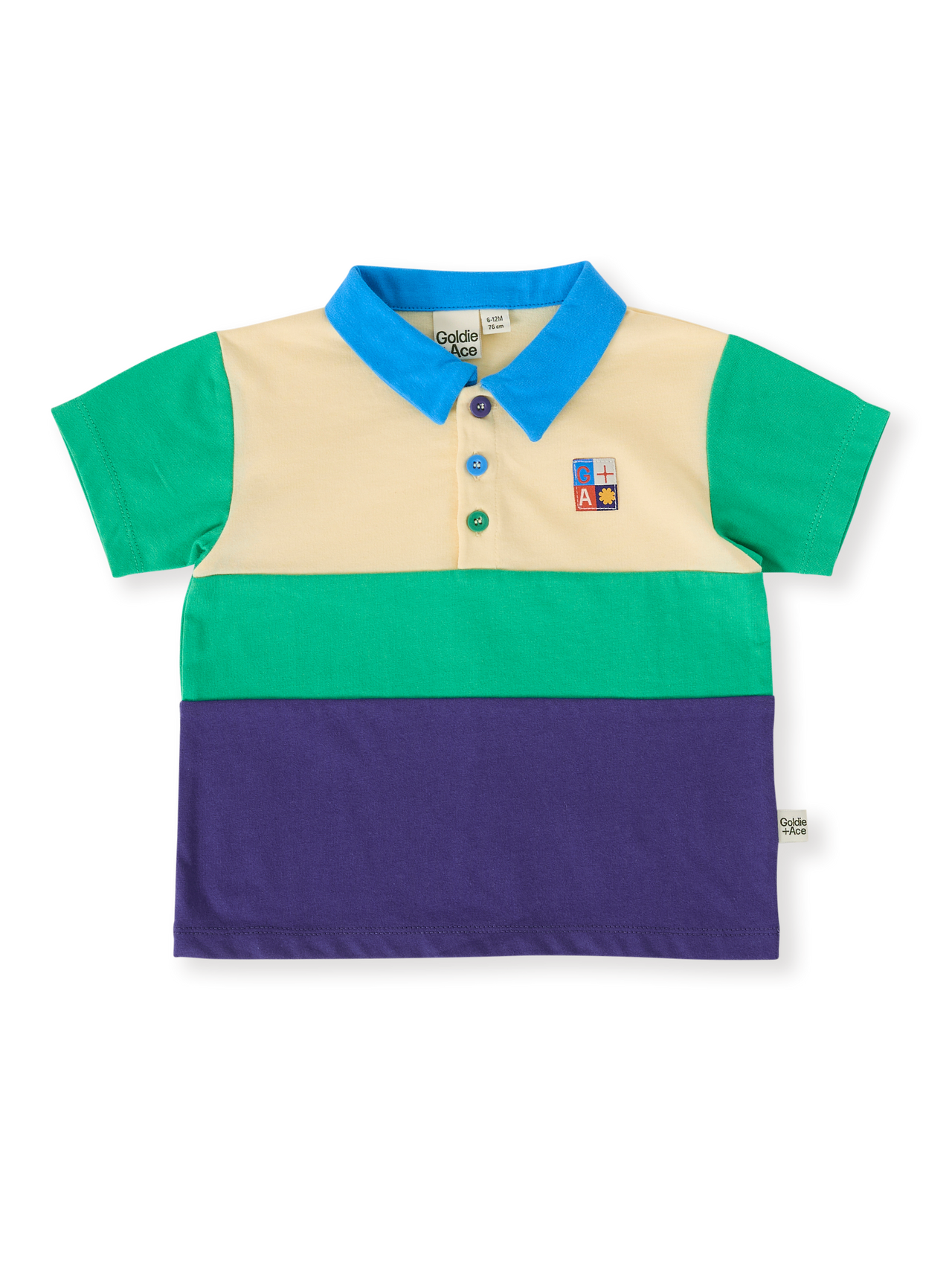 The Goldie + Ace Lewis Colour Block Polo Shirt in Forest/Navy pictured on a transparent background. The material is 100% cotton. It is a top made for babies, toddlers and kids.