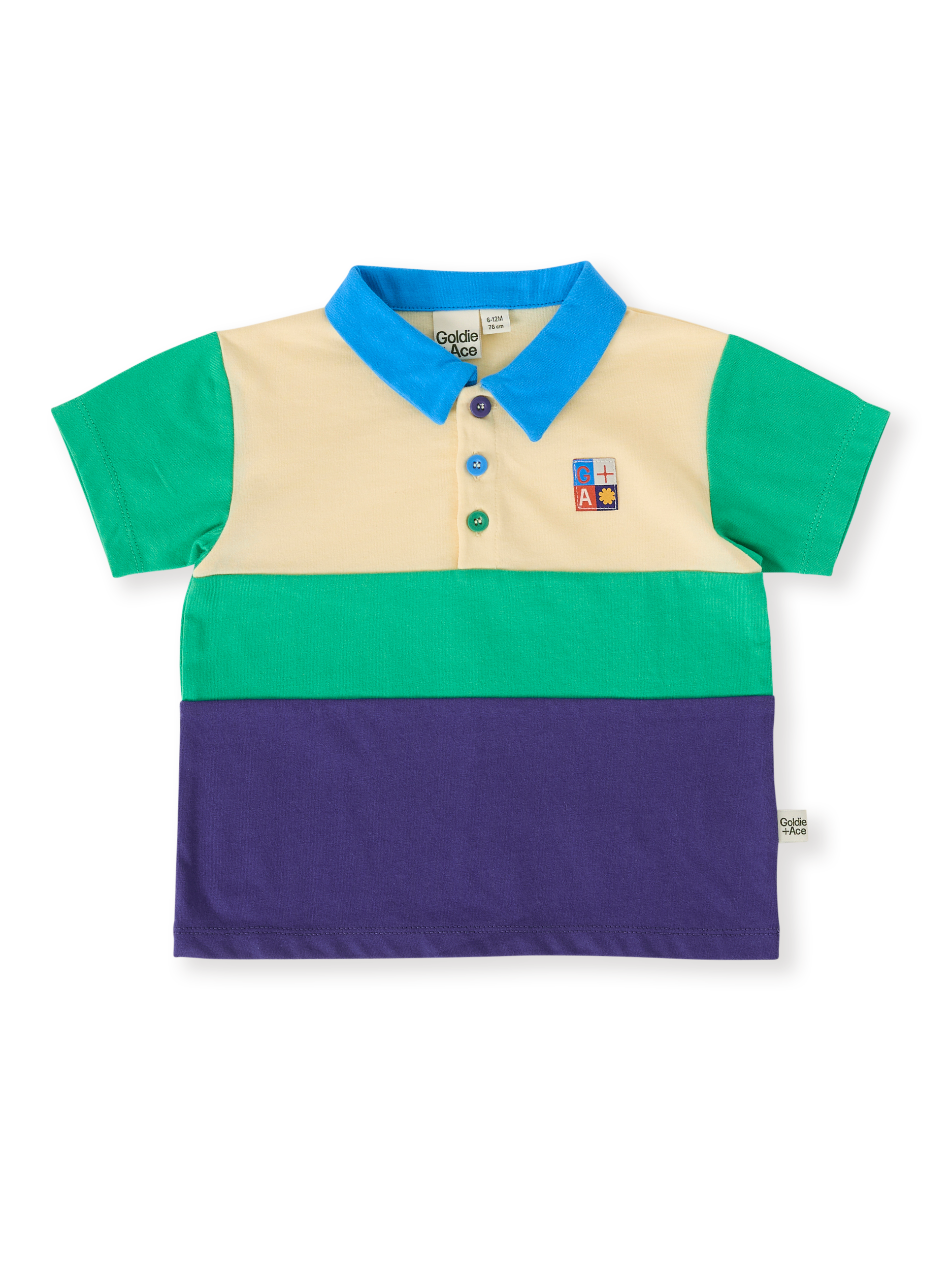 The Goldie + Ace Lewis Colour Block Polo Shirt in Forest/Navy pictured on a transparent background. The material is 100% cotton. It is a top made for babies, toddlers and kids.