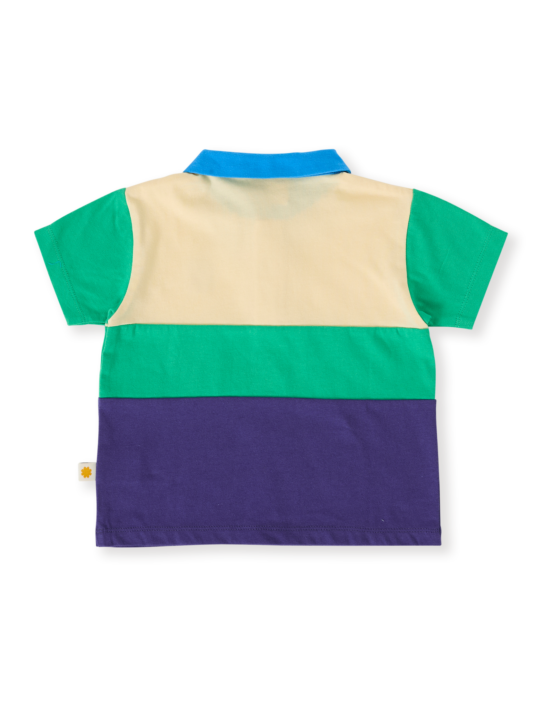The Goldie + Ace Lewis Colour Block Polo Shirt in Forest/Navy pictured on a transparent background. The material is 100% cotton. It is a top made for babies, toddlers and kids.