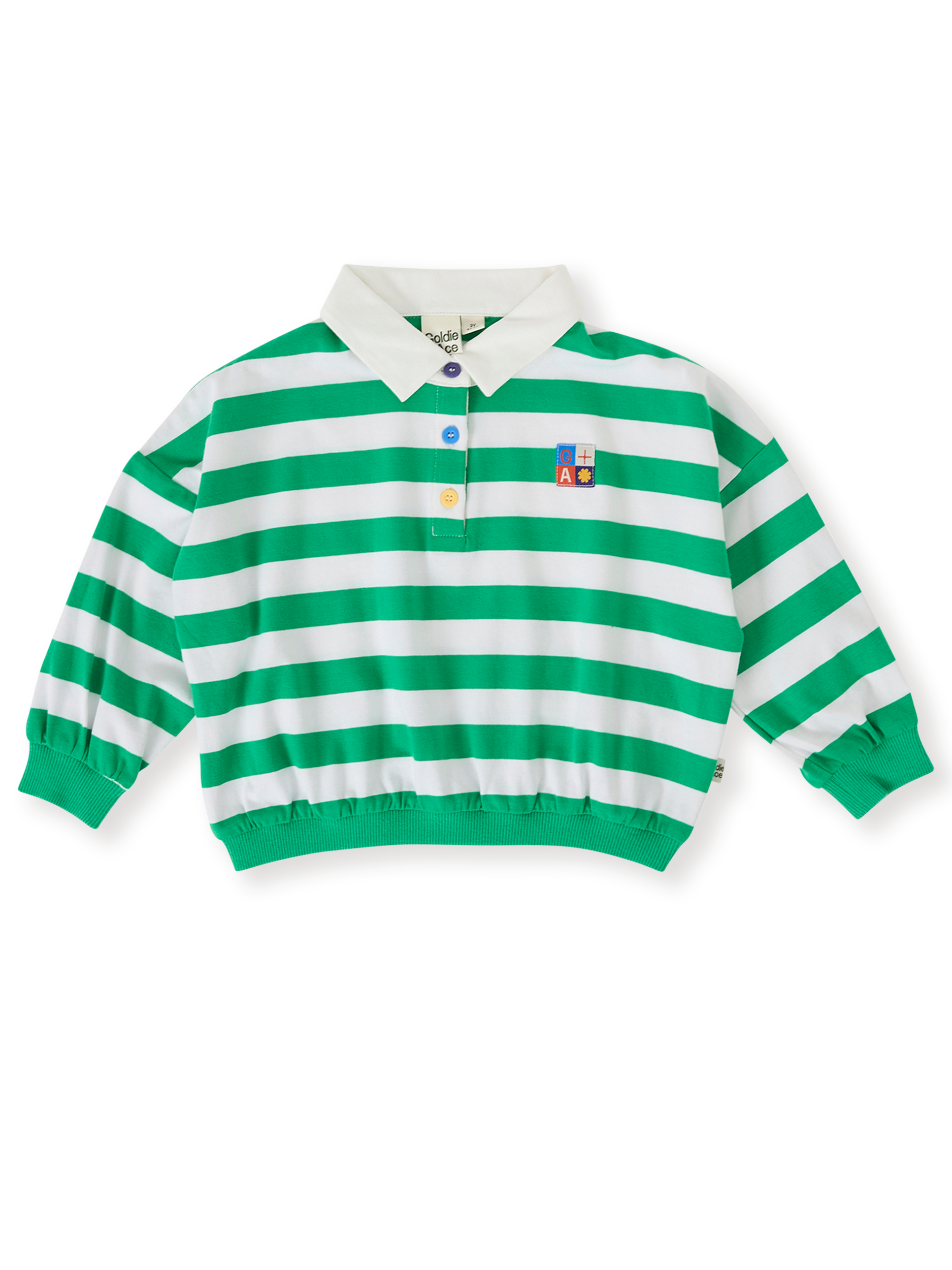 The Goldie + Ace Wide Stripe Relaxed Rugby Sweat Top in Forest/Cloud pictured on a transparent background. The material is cotton jersey. It is a top made for babies, toddlers and kids.