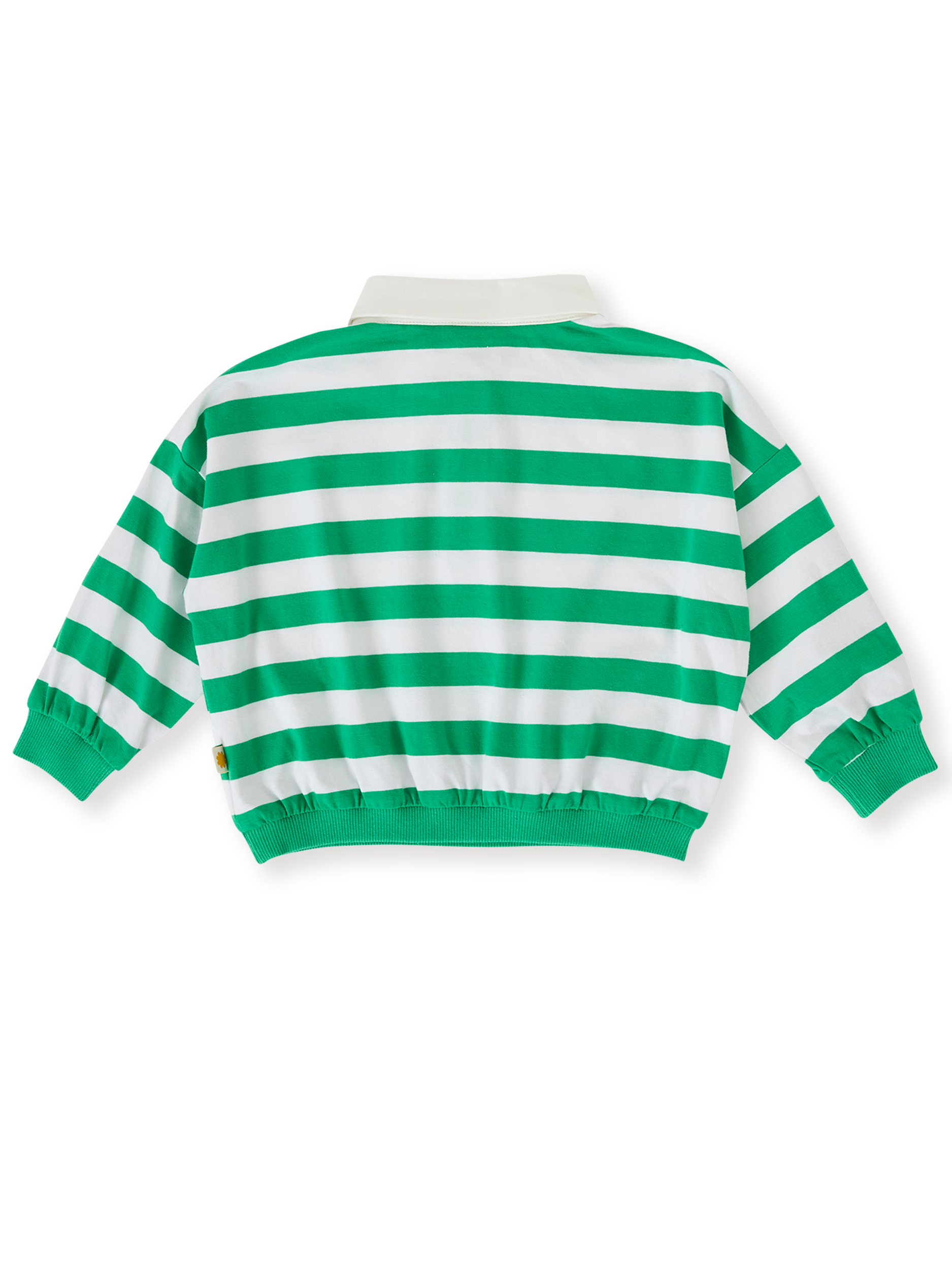 The Goldie + Ace Wide Stripe Relaxed Rugby Sweat Top in Forest/Cloud pictured on a transparent background. The material is cotton jersey. It is a top made for babies, toddlers and kids.