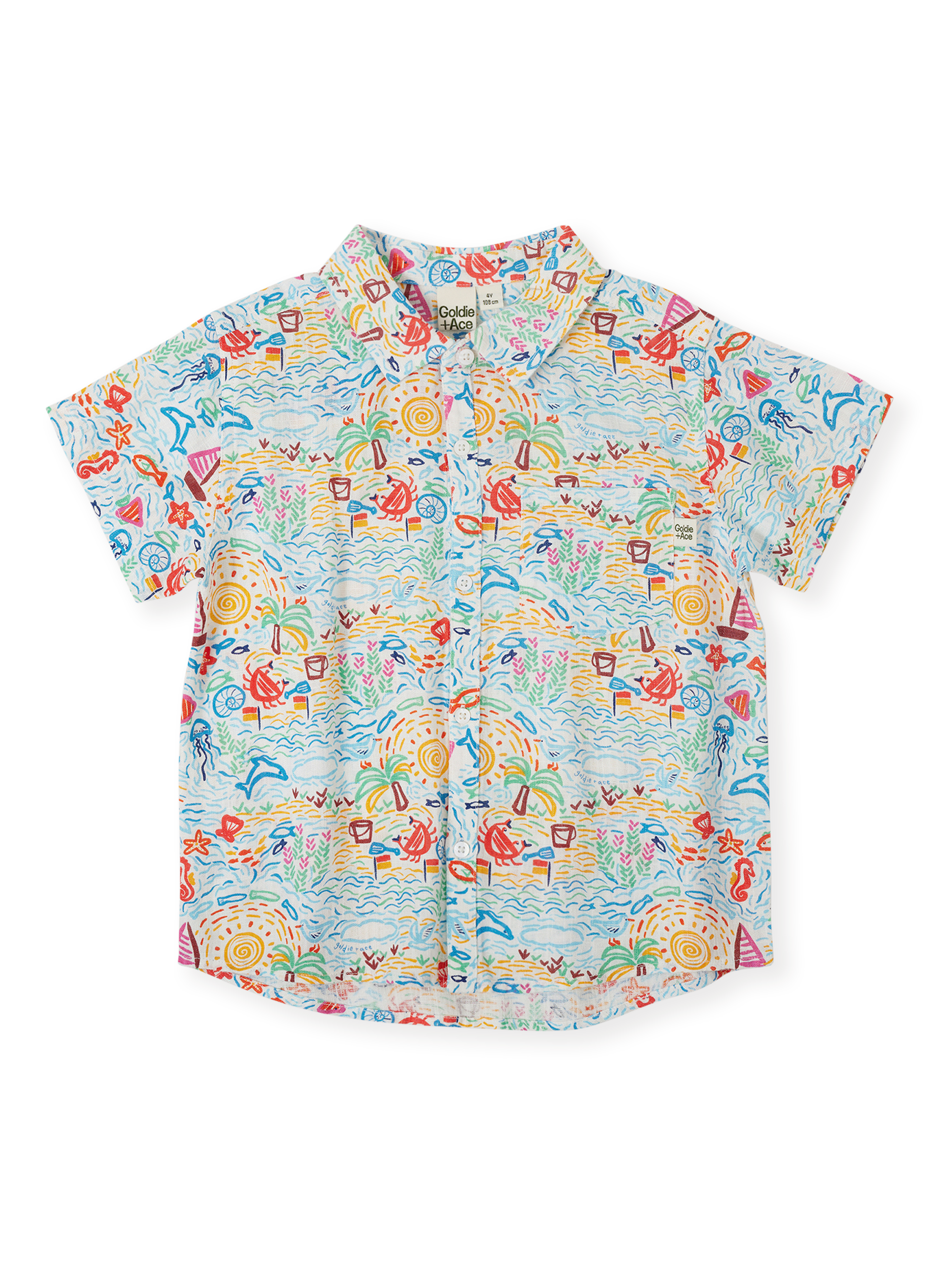 The Goldie + Ace Summer Bay Holiday Shirt in Multi pictured on a transparent background. The material is linen blend. It is a top made for babies, toddlers and kids.