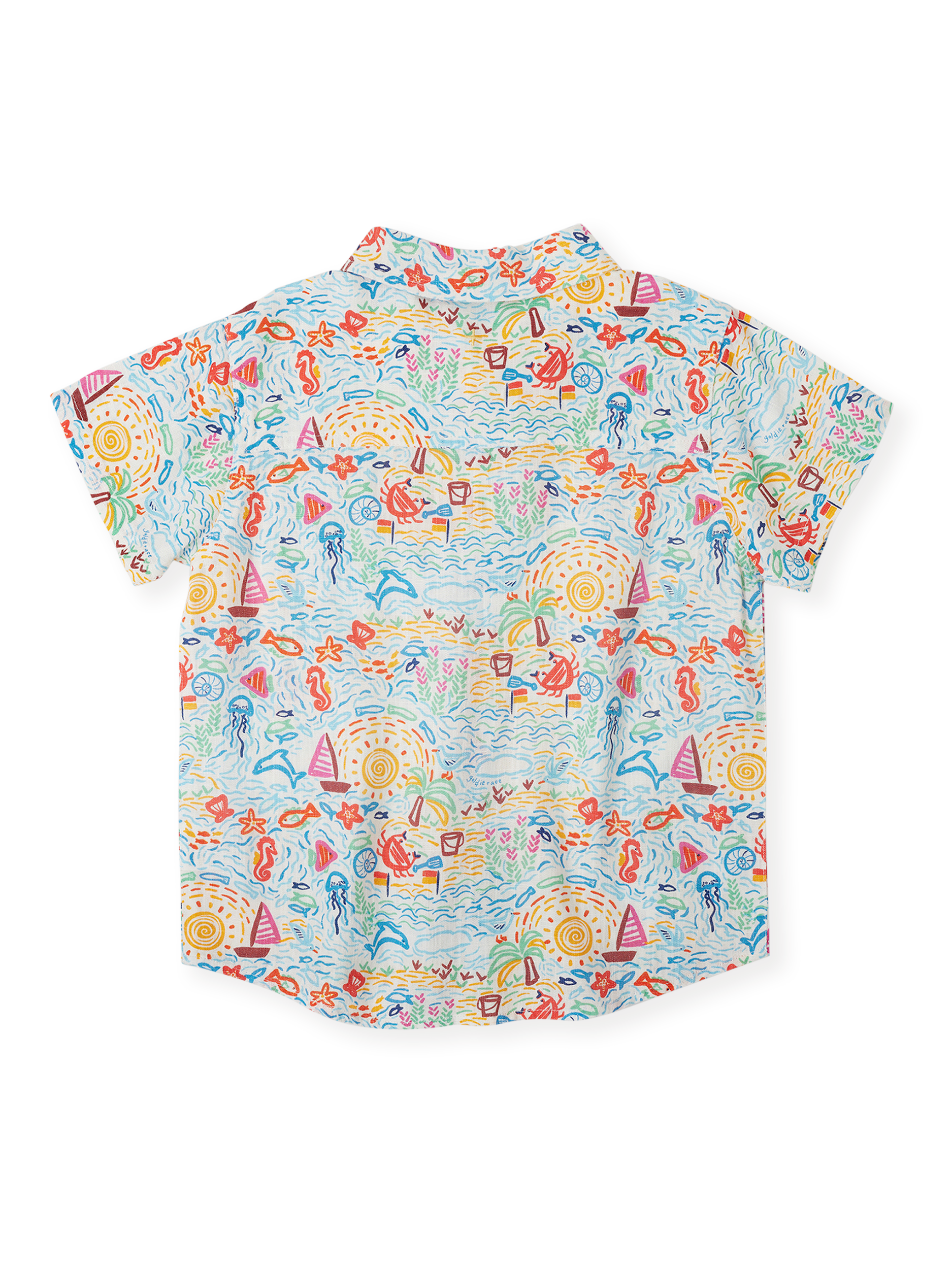 The Goldie + Ace Summer Bay Holiday Shirt in Multi pictured on a transparent background. The material is linen blend. It is a top made for babies, toddlers and kids.
