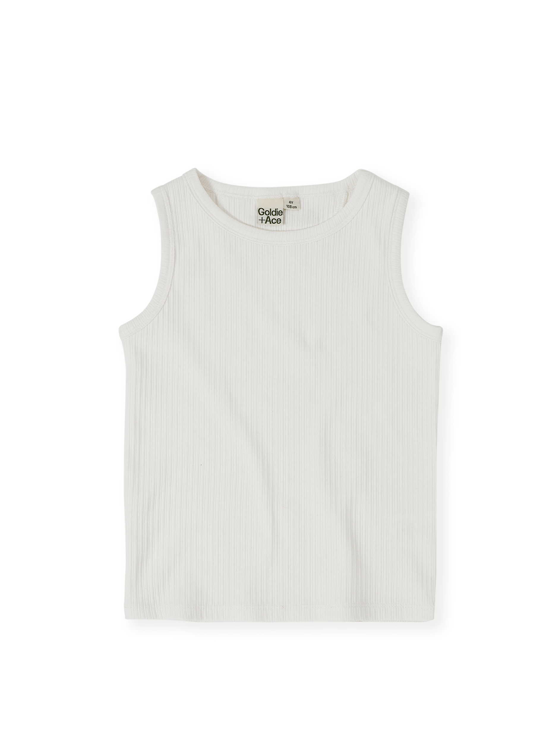 The Goldie + Ace Rib Tank in White pictured on a transparent background. The material is soft cotton elastane. It is a top made for babies, toddlers and kids.