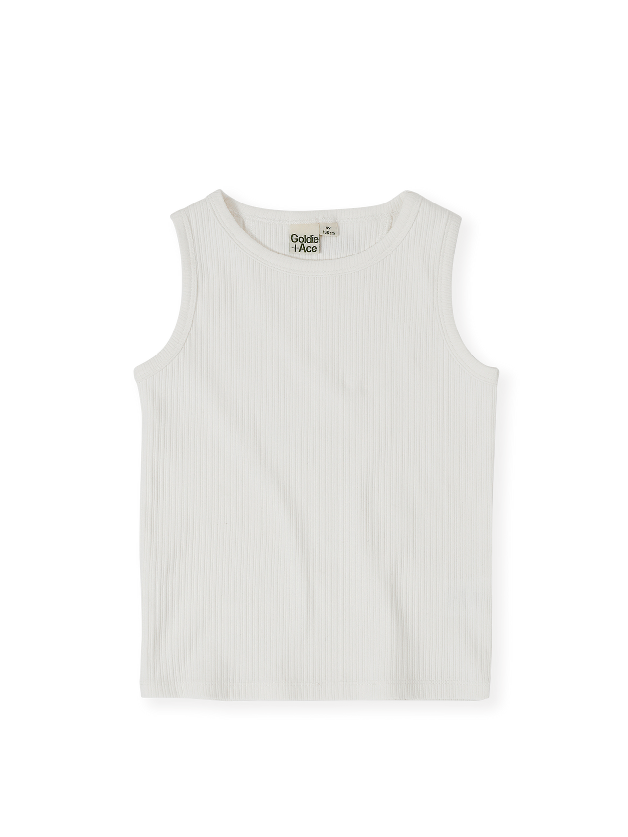The Goldie + Ace Rib Tank in White pictured on a transparent background. The material is soft cotton elastane. It is a top made for babies, toddlers and kids.