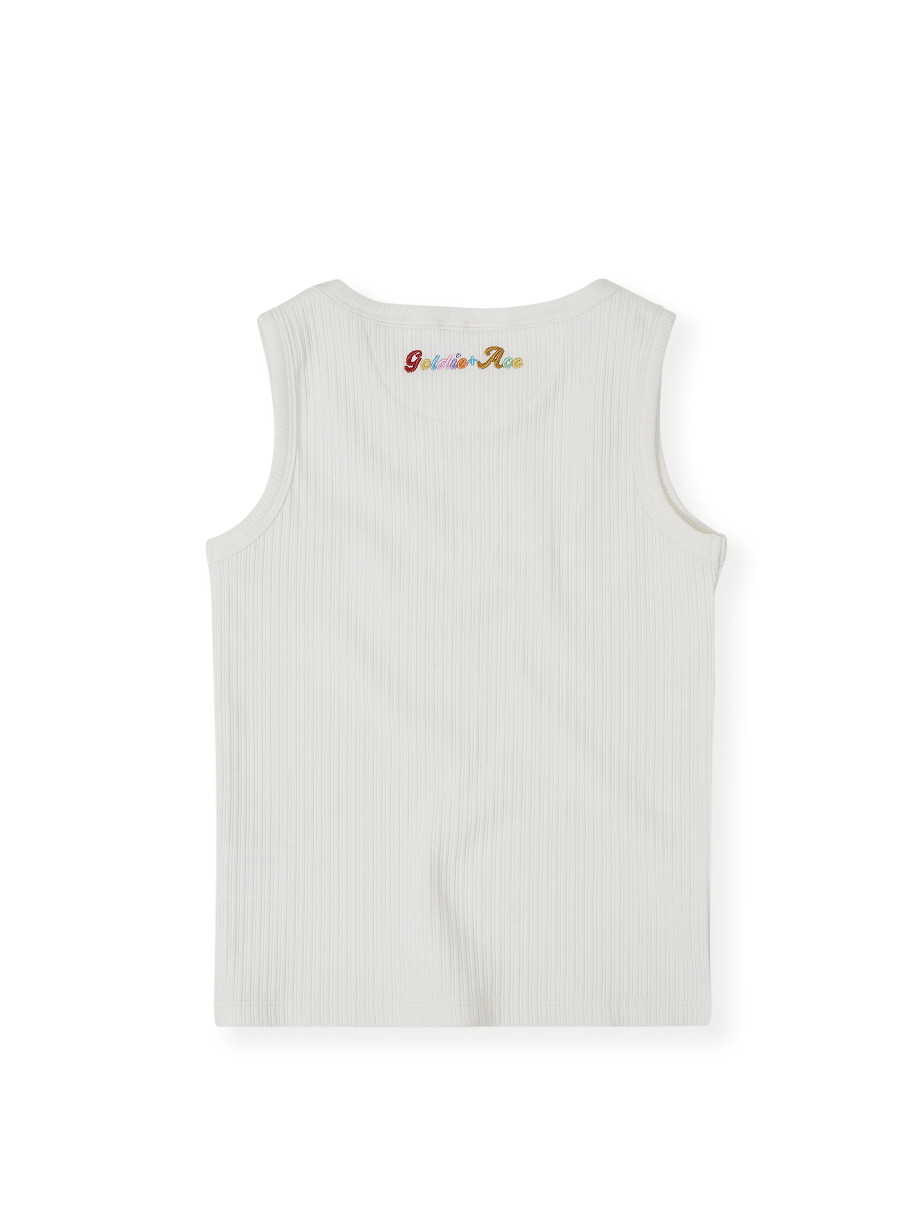 The Goldie + Ace Rib Tank in White pictured on a transparent background. The material is soft cotton elastane. It is a top made for babies, toddlers and kids.