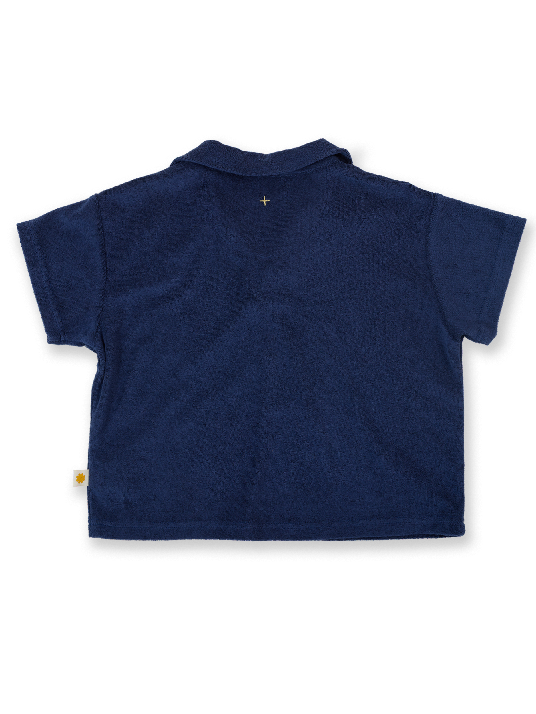 The Goldie + Ace Oversized Terry Polo in Navy pictured on a transparent background. The material is 100% cotton. It is a top made for babies, toddlers and kids.