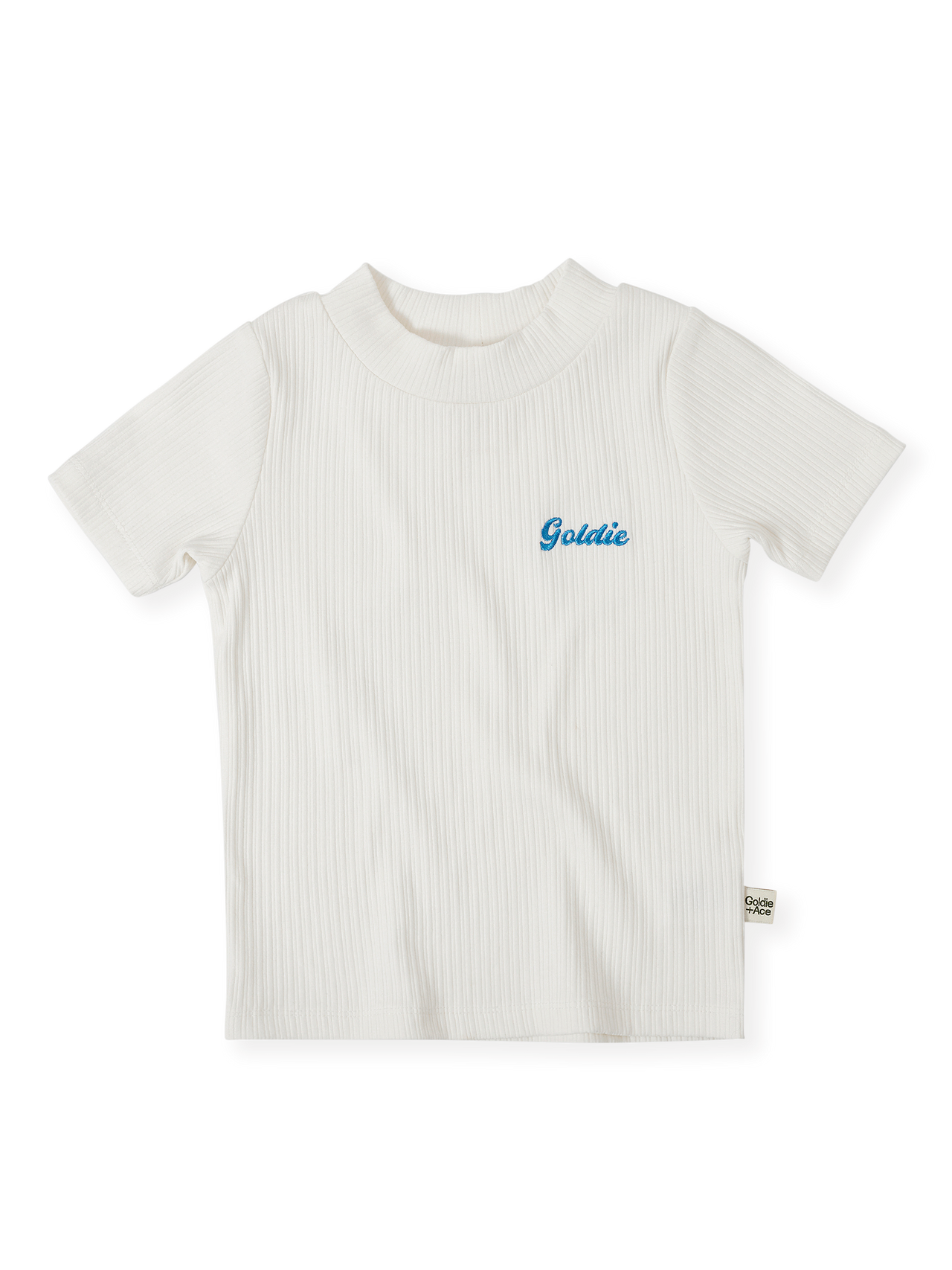 The Goldie + Ace Rib T-Shirt in White pictured on a transparent background. The material is soft cotton elastane. It is a top made for babies, toddlers and kids.