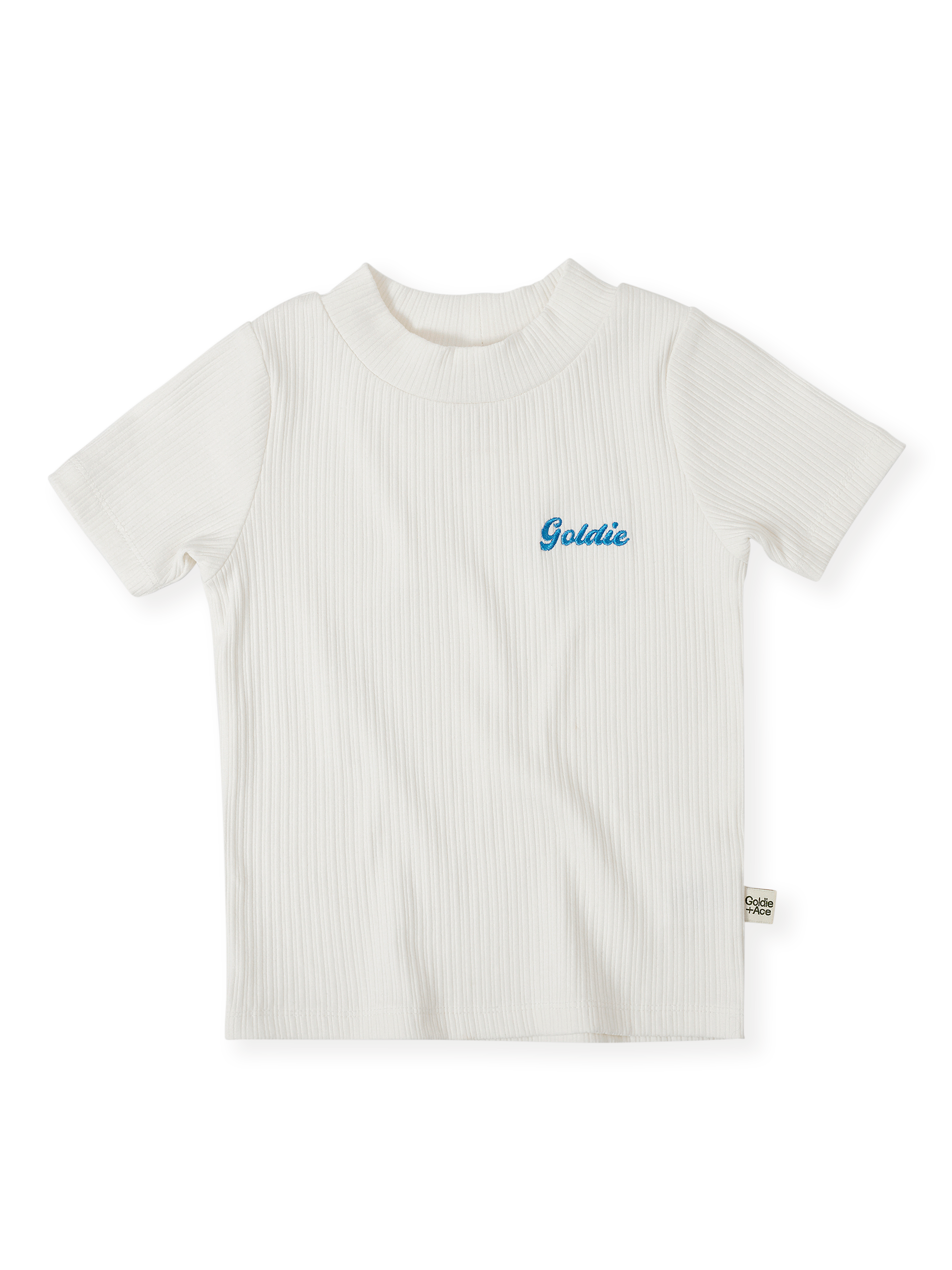 The Goldie + Ace Rib T-Shirt in White pictured on a transparent background. The material is soft cotton elastane. It is a top made for babies, toddlers and kids.