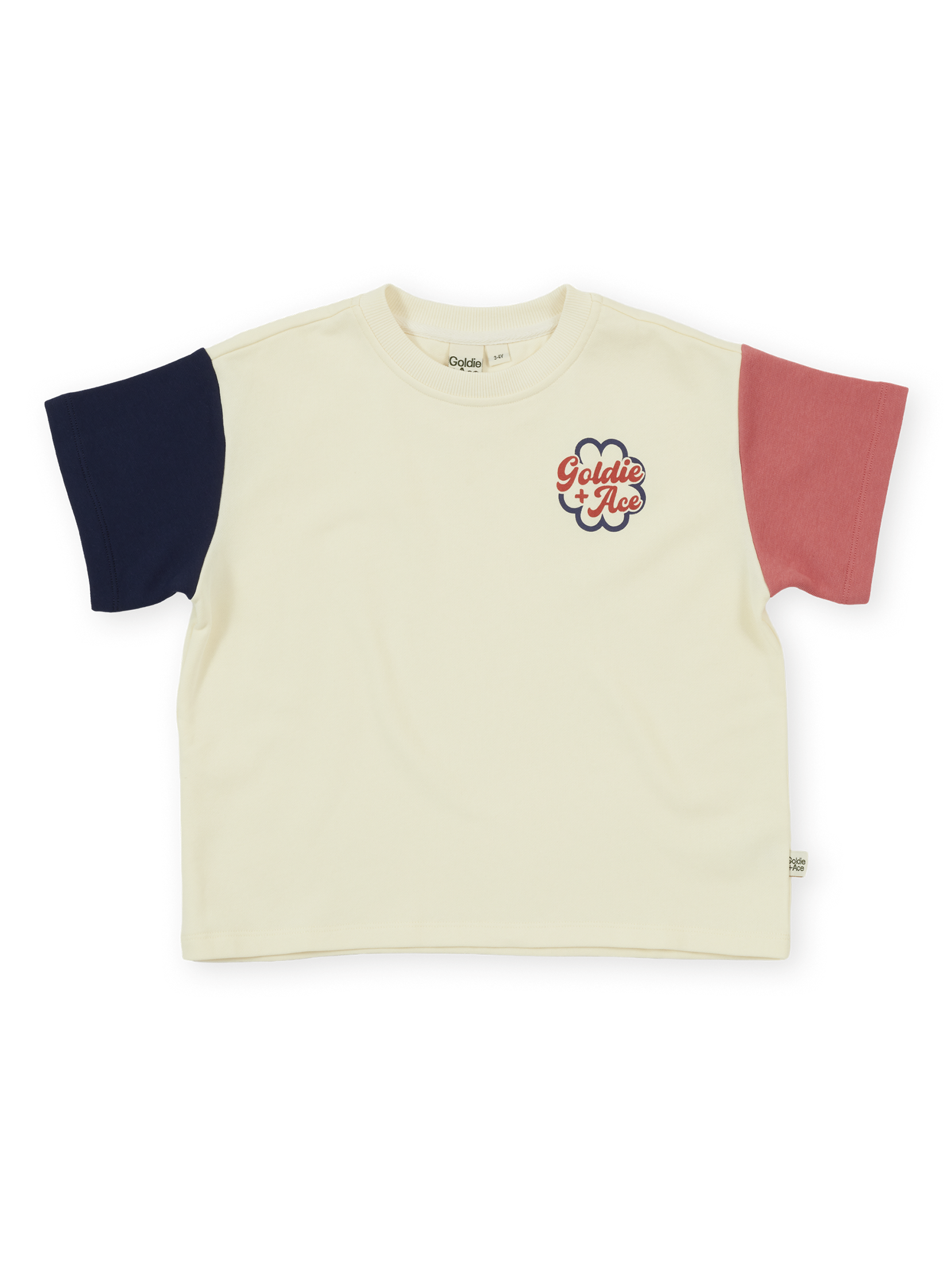 Beige t-shirt with color-blocked sleeves on a white background