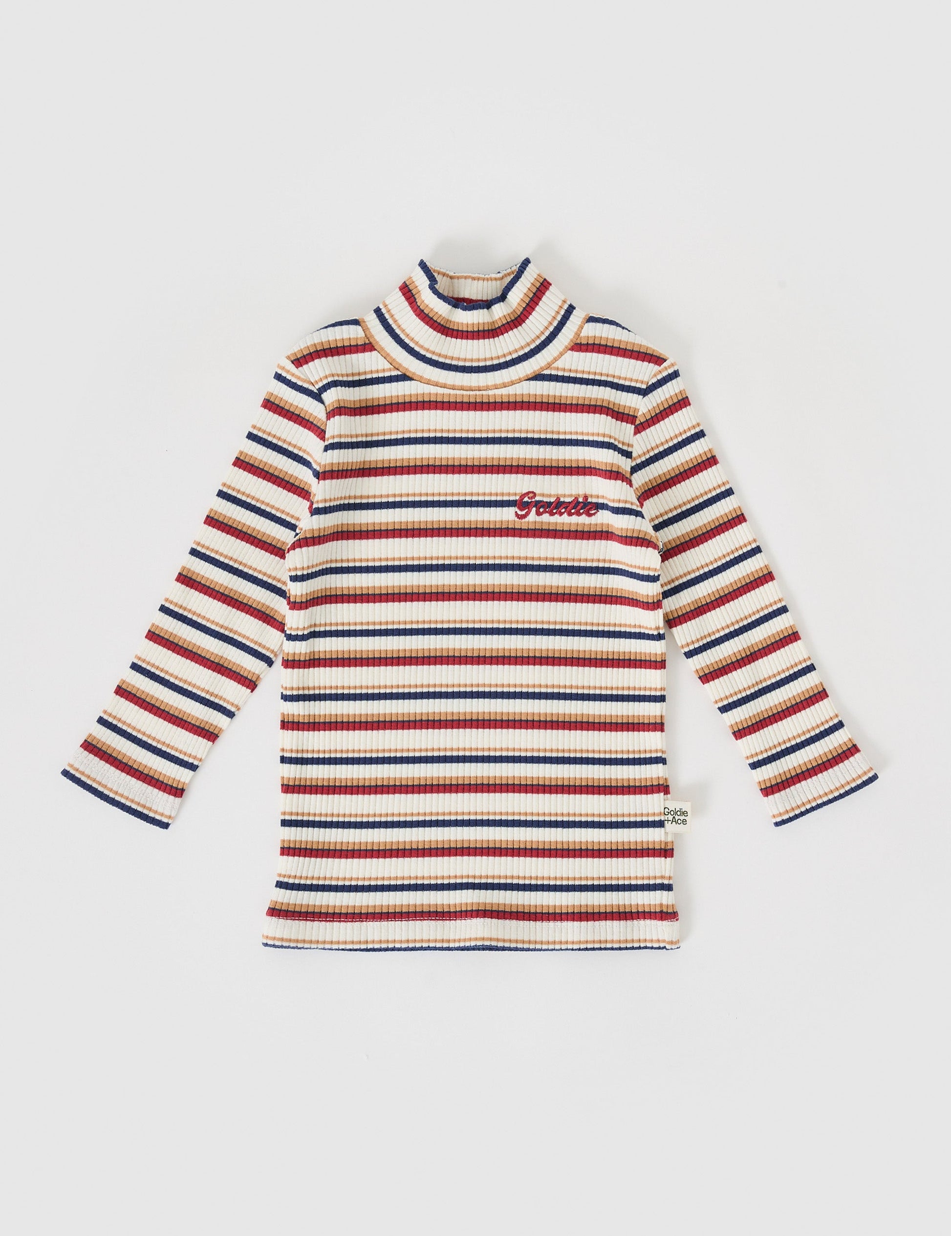The Goldie + Ace Outback Stripe Embroidered Rib Skivvy in Outback Stripe pictured on a grey background. The material is soft ribbed cotton elastane. It is a top made for babies, toddlers and kids.