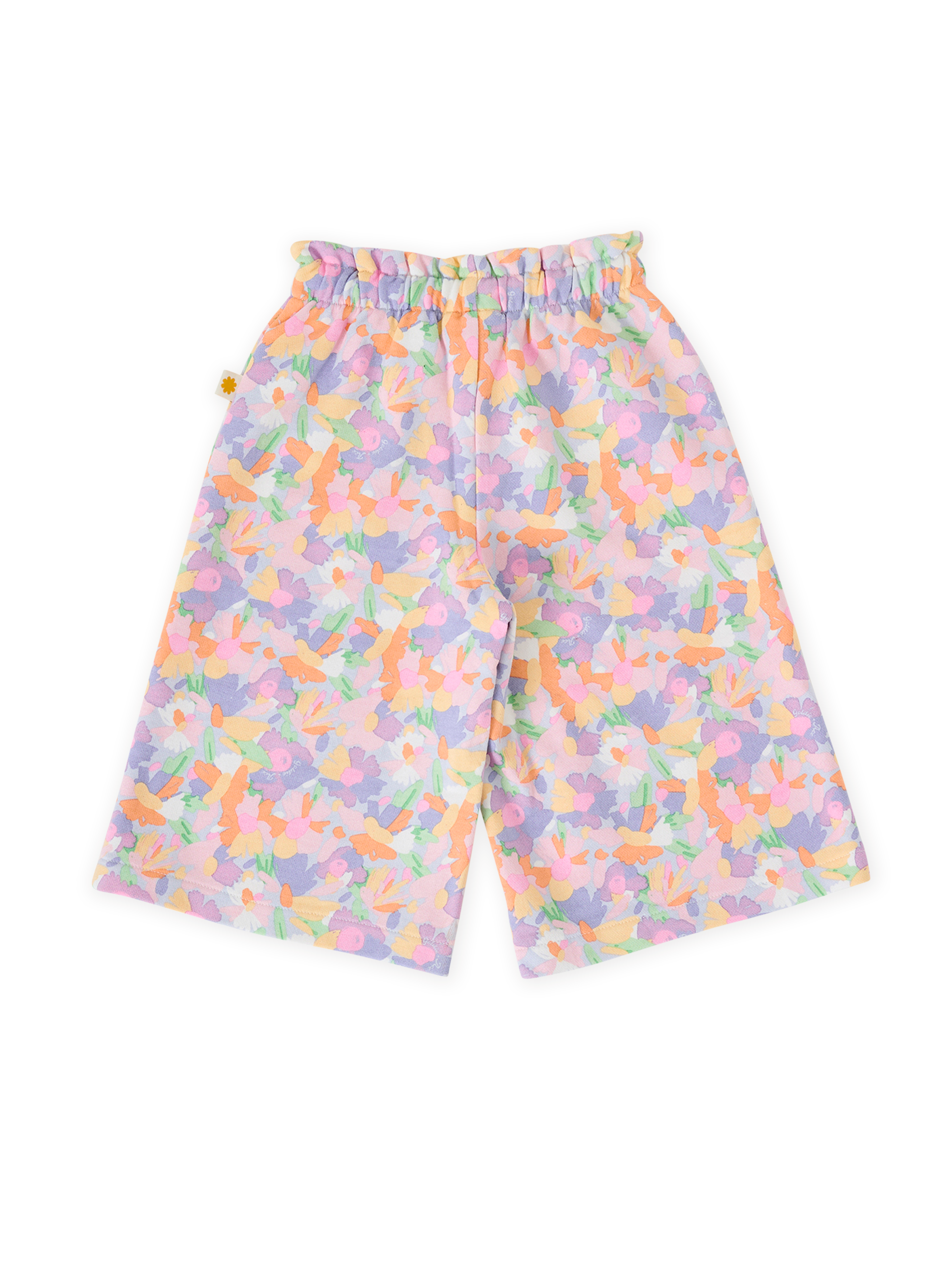 The Goldie + Ace Pastel Bouquet Arlo Wide Leg Pant in Lilac Multi pictured on a transparent background. The material is 100% cotton. It is a bottom made for babies, toddlers and kids.
