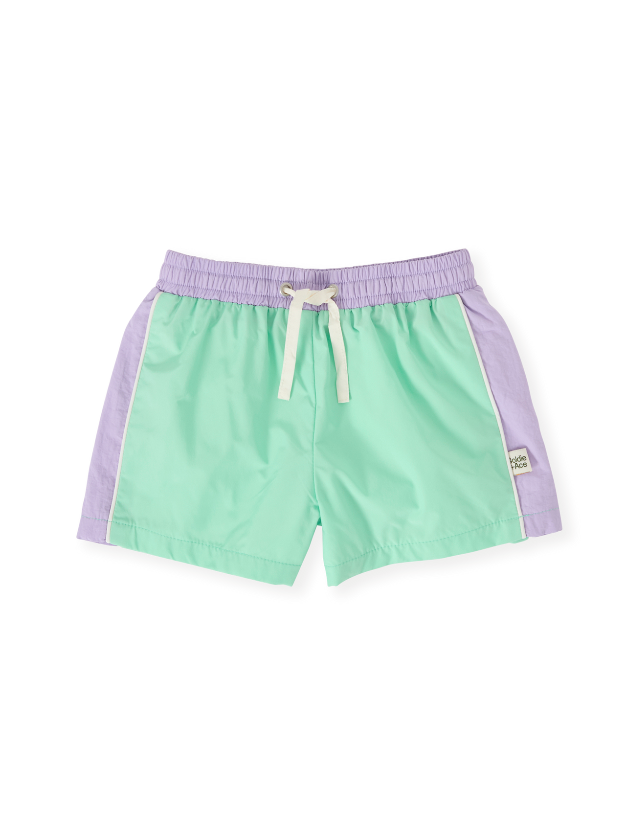 The Goldie + Ace Retro Sporty Shorts in Peapod/Lilac pictured on a transparent background. The material is poly with cotton lining. It is a bottom made for babies, toddlers and kids.
