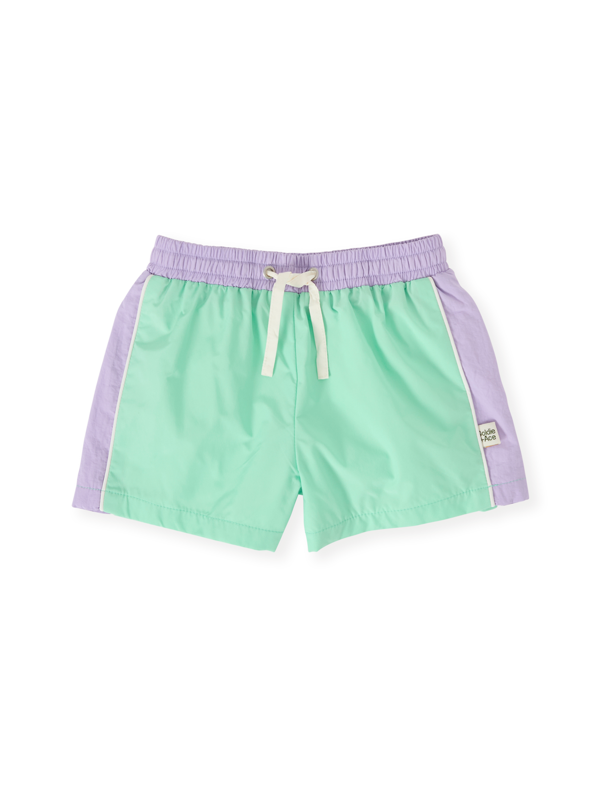 The Goldie + Ace Retro Sporty Shorts in Peapod/Lilac pictured on a transparent background. The material is poly with cotton lining. It is a bottom made for babies, toddlers and kids.