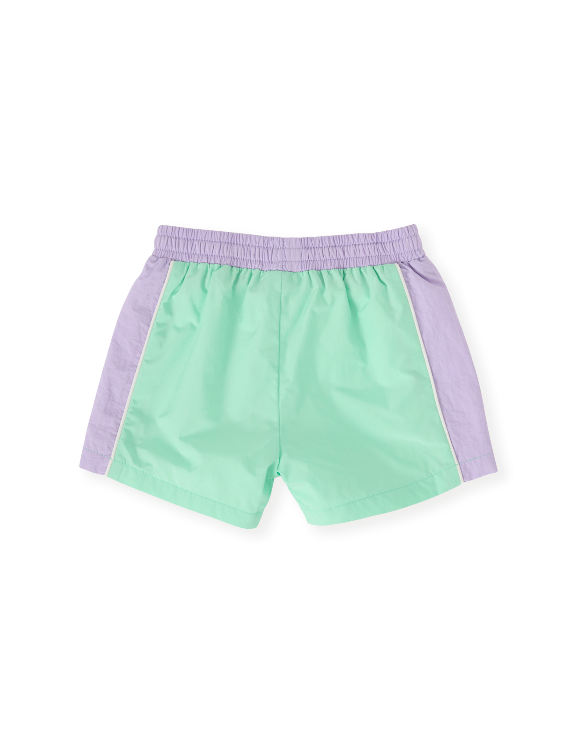 The Goldie + Ace Retro Sporty Shorts in Peapod/Lilac pictured on a transparent background. The material is poly with cotton lining. It is a bottom made for babies, toddlers and kids.